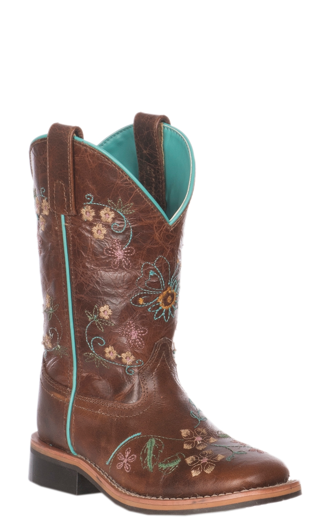 Smoky Mountain Youth Antique Tan with Floral Embroidery Leather Square Toe Cowboy Boot - Image 1