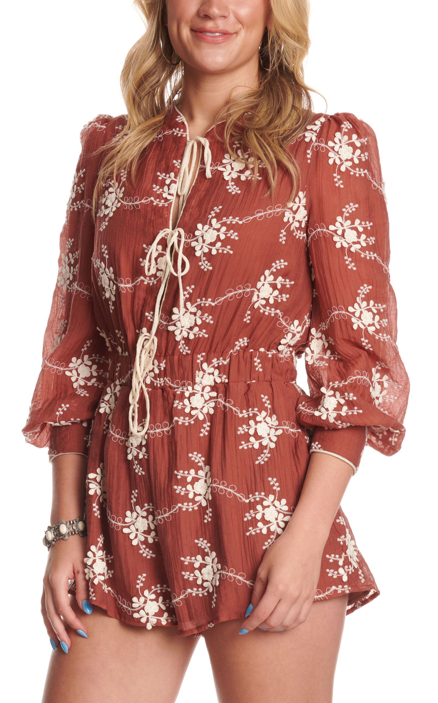 Endless Blu Rust Embroidered Tie Front Romper - Image 1