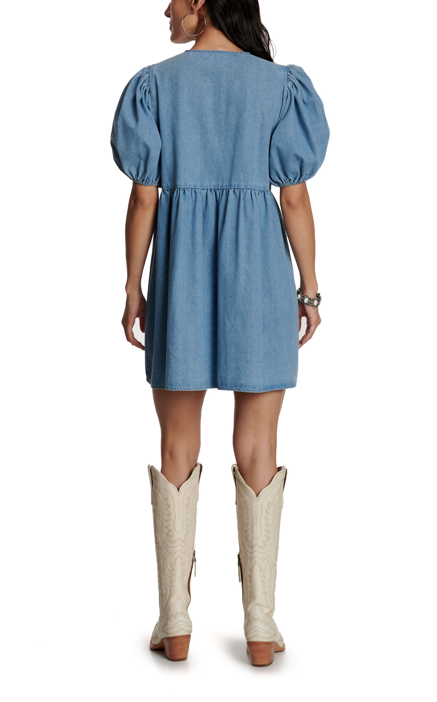 Blue B Women’s Denim Tie Front Puff Sleeve Dress - Image 1