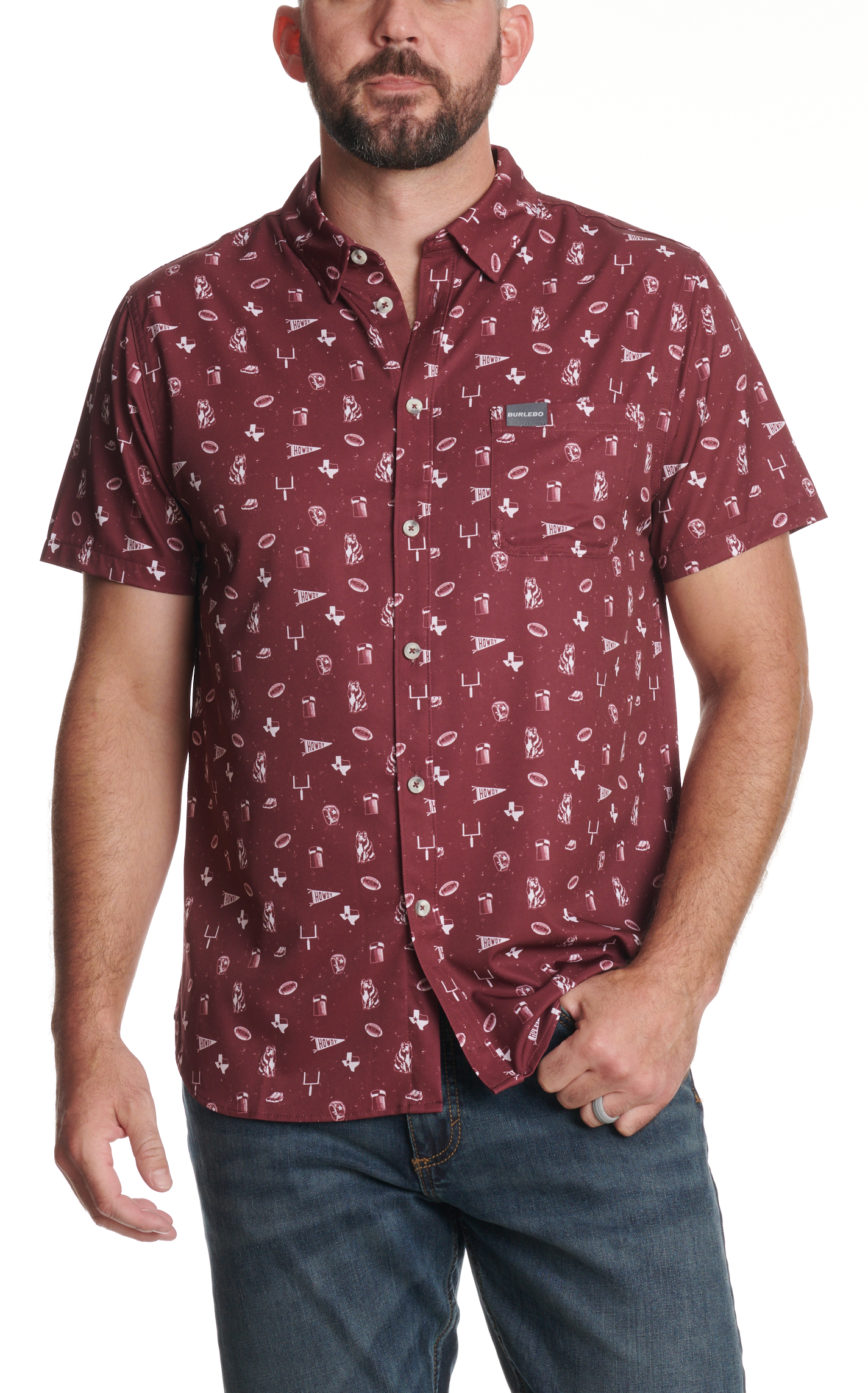 BURLEBO Men's Maroon Aggie Print Performance Outdoor Shirt - Image 1