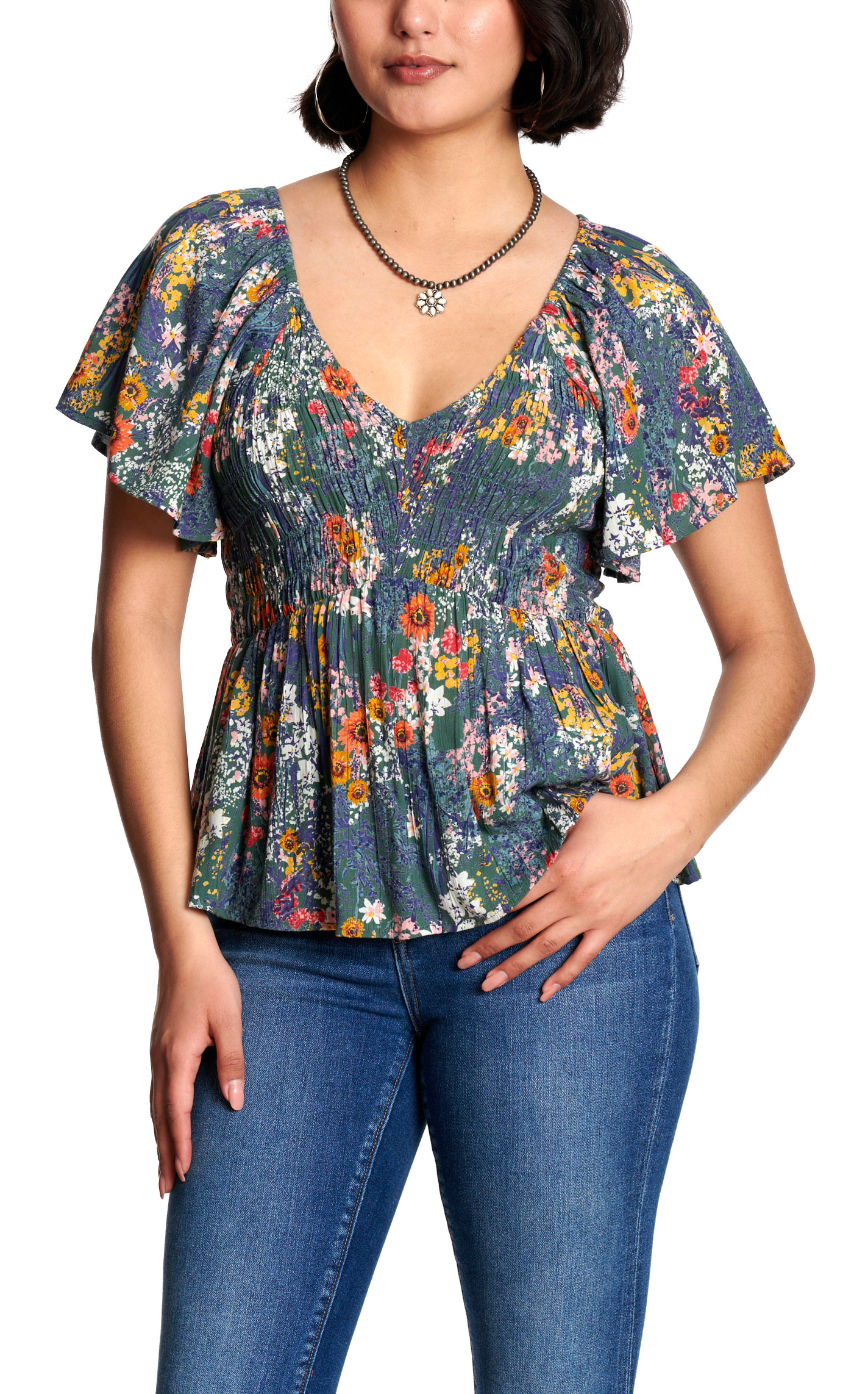 Rockin' C Women’s Blue Multicolor Floral Smocked Peplum Top - Image 3