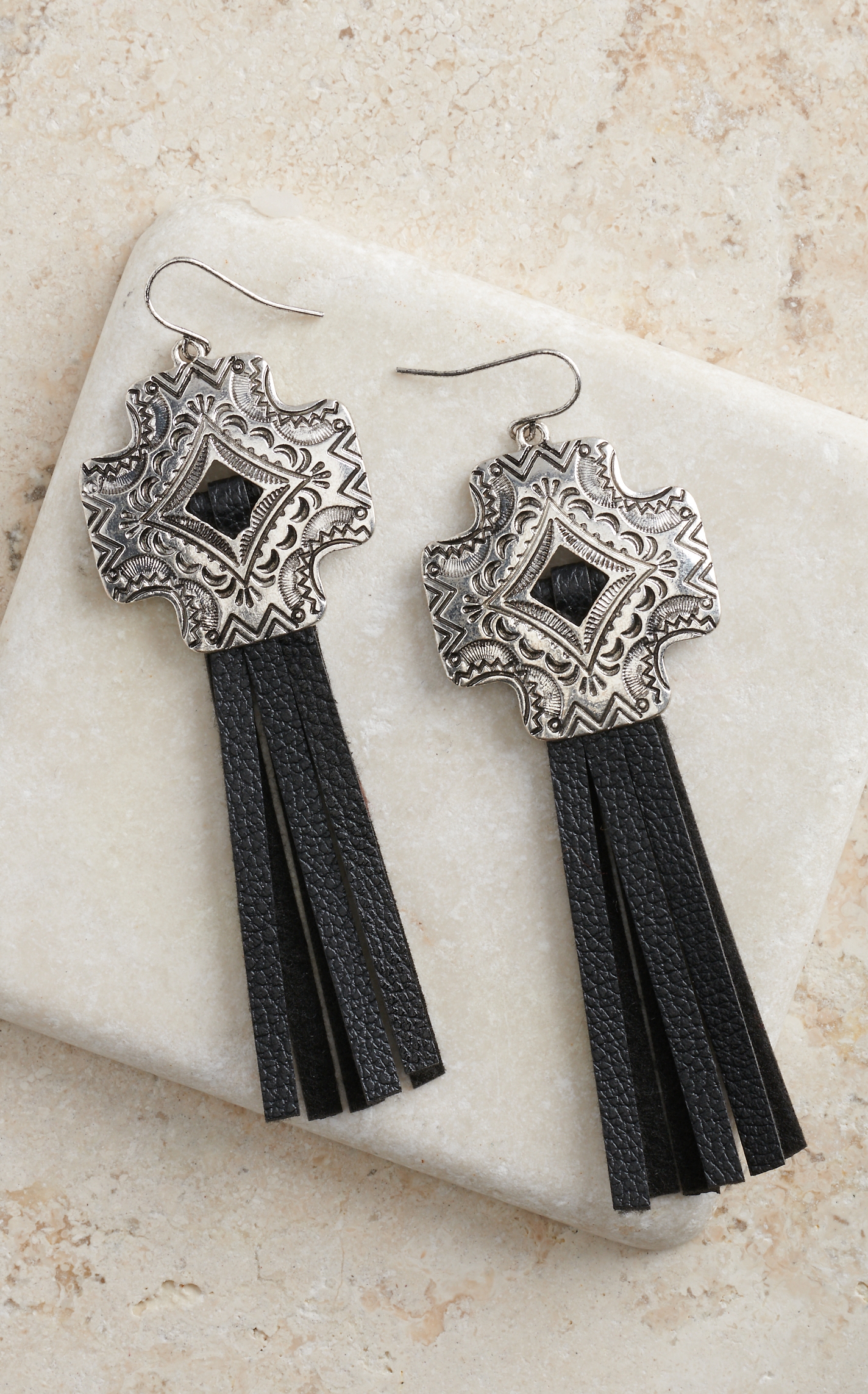 Blazin Roxx Silver Cross Concho with Black Tassel Earrings - Image 1
