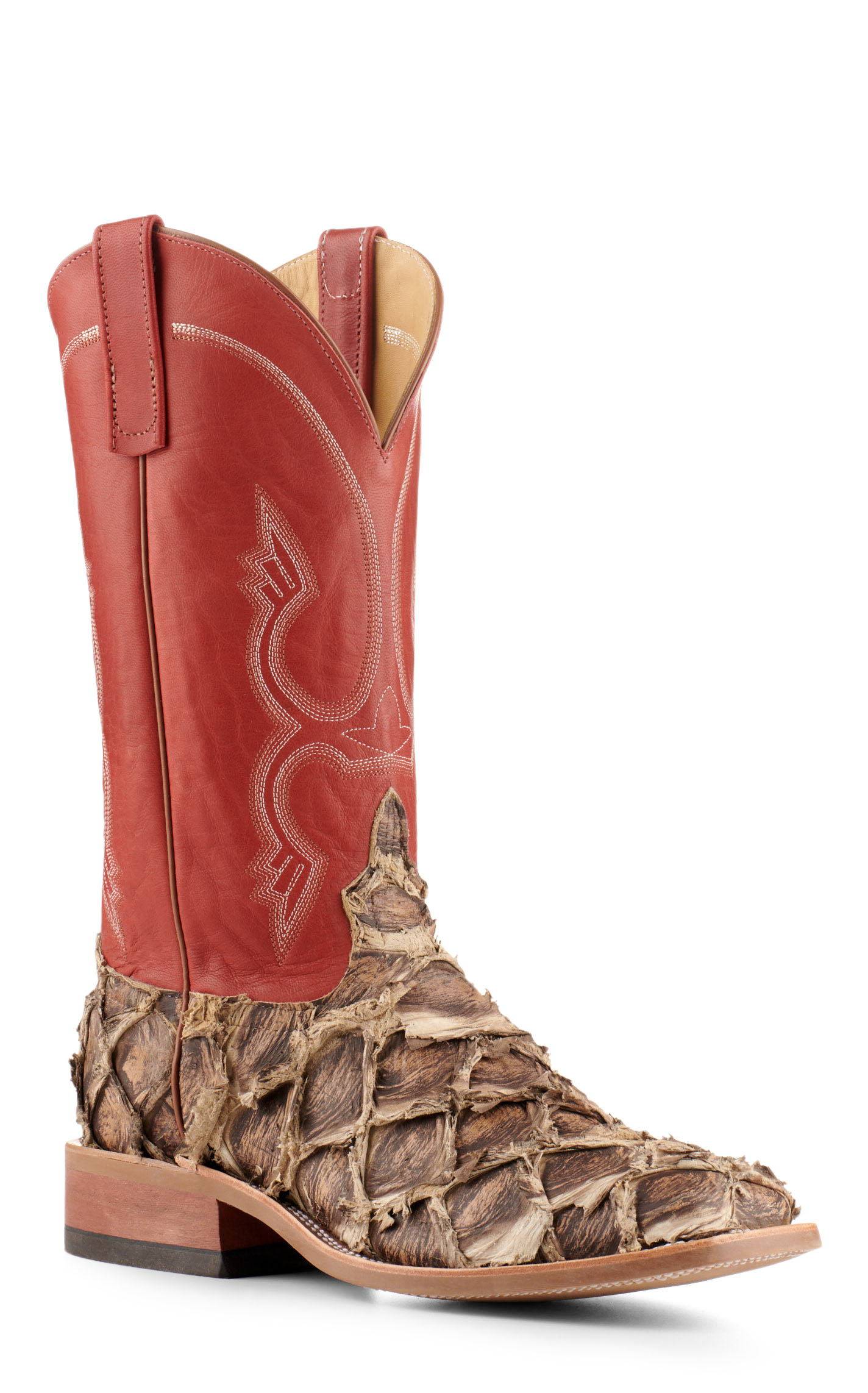 Anderson Bean Men's Red and Rustic Brown Big Bass Wide Square Toe Exotic Cowboy Boots - Image 1