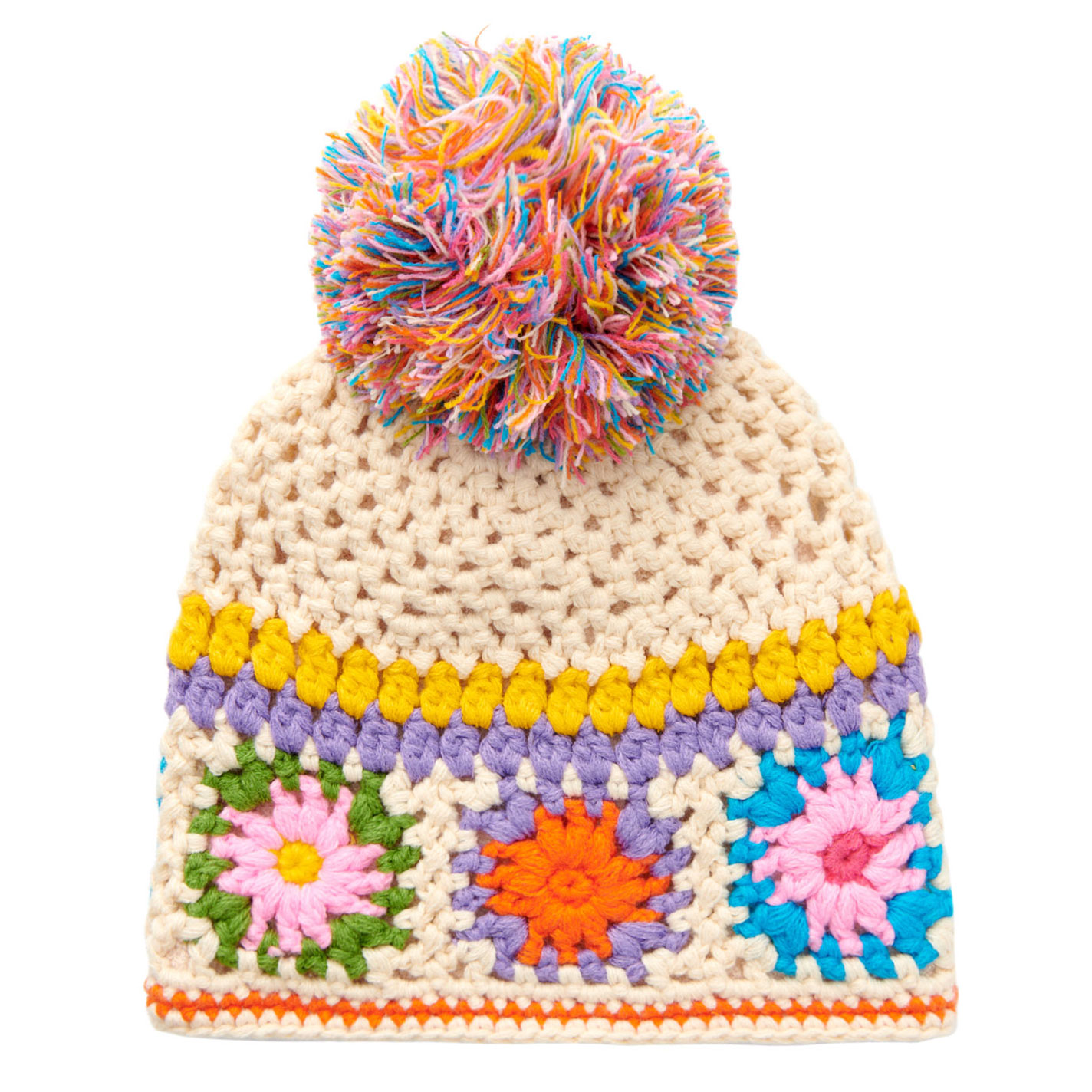 Girlie Girl Latte & Flowers Pom-Pom Crochet Beanie - Image 1
