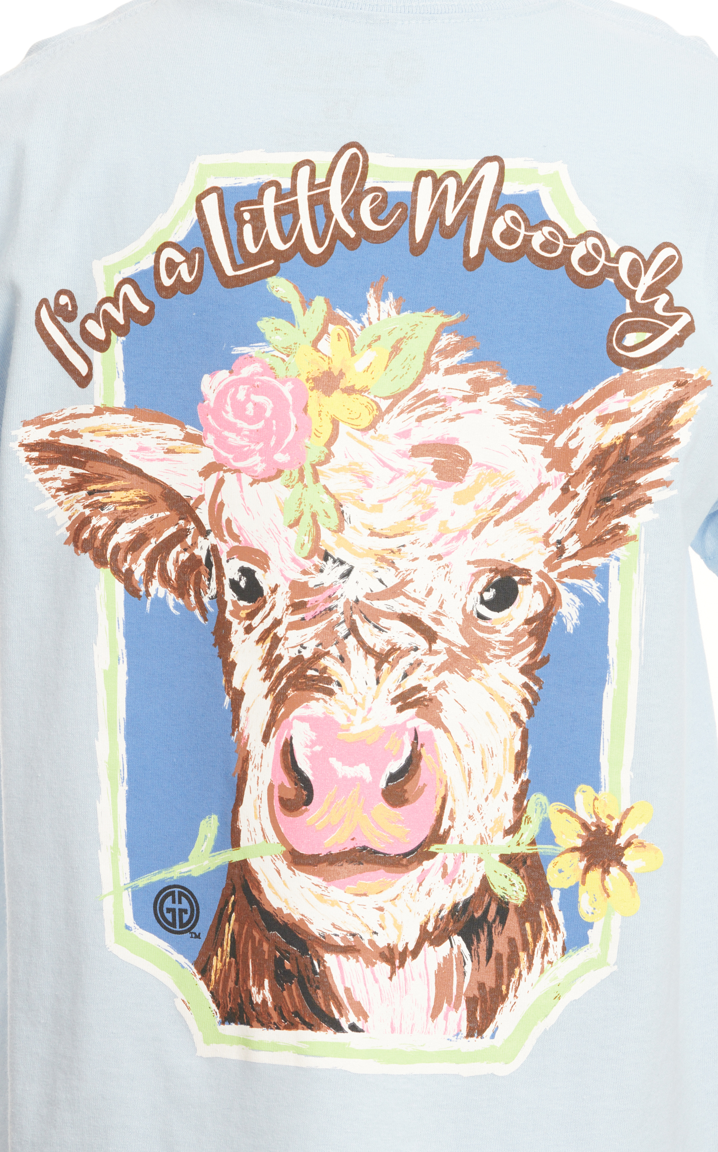Girlie Girl Girl's Baby Blue Cow & Flowers I Am Moody Graphic Short Sleeve T-Shirt - Image 1