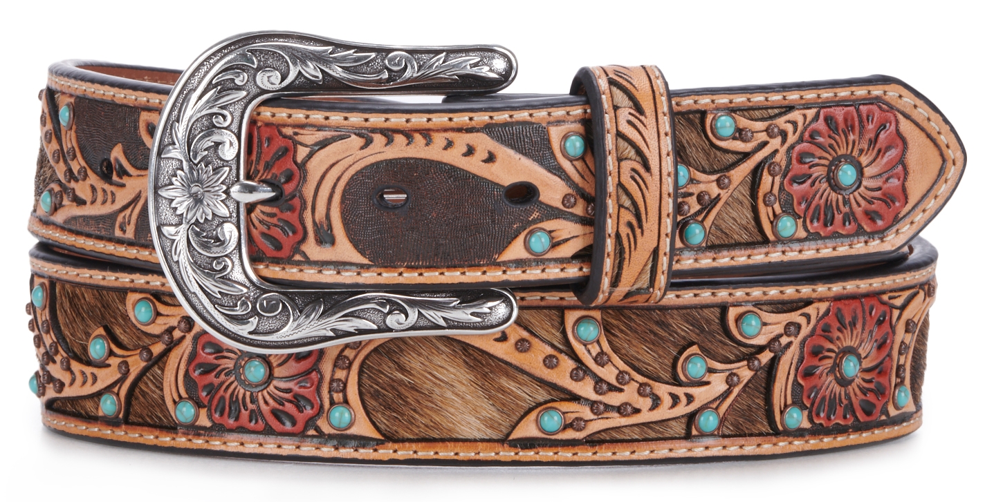 Ariat Women's Red Flower with Cowhide Inlay and Turquoise Embellishments Tooled Belt - Image 1