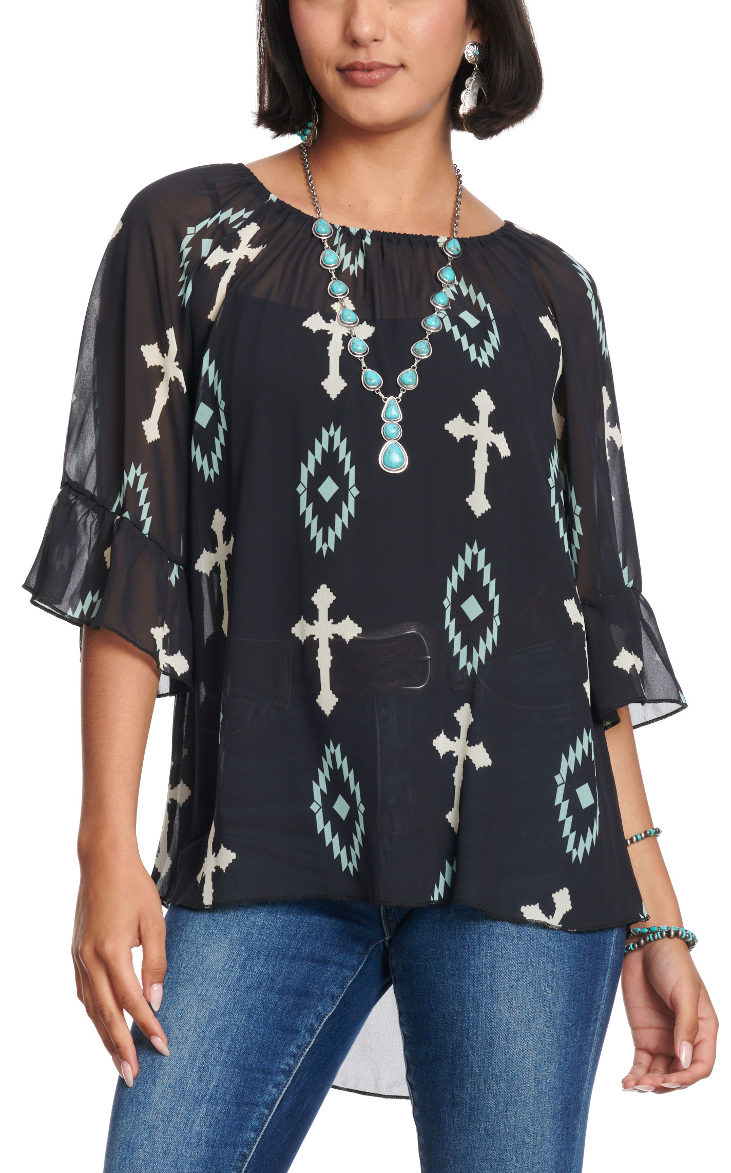 Cowgirl Hardware Women's Black & White Aztec Cross Print Chiffon Top - Image 1