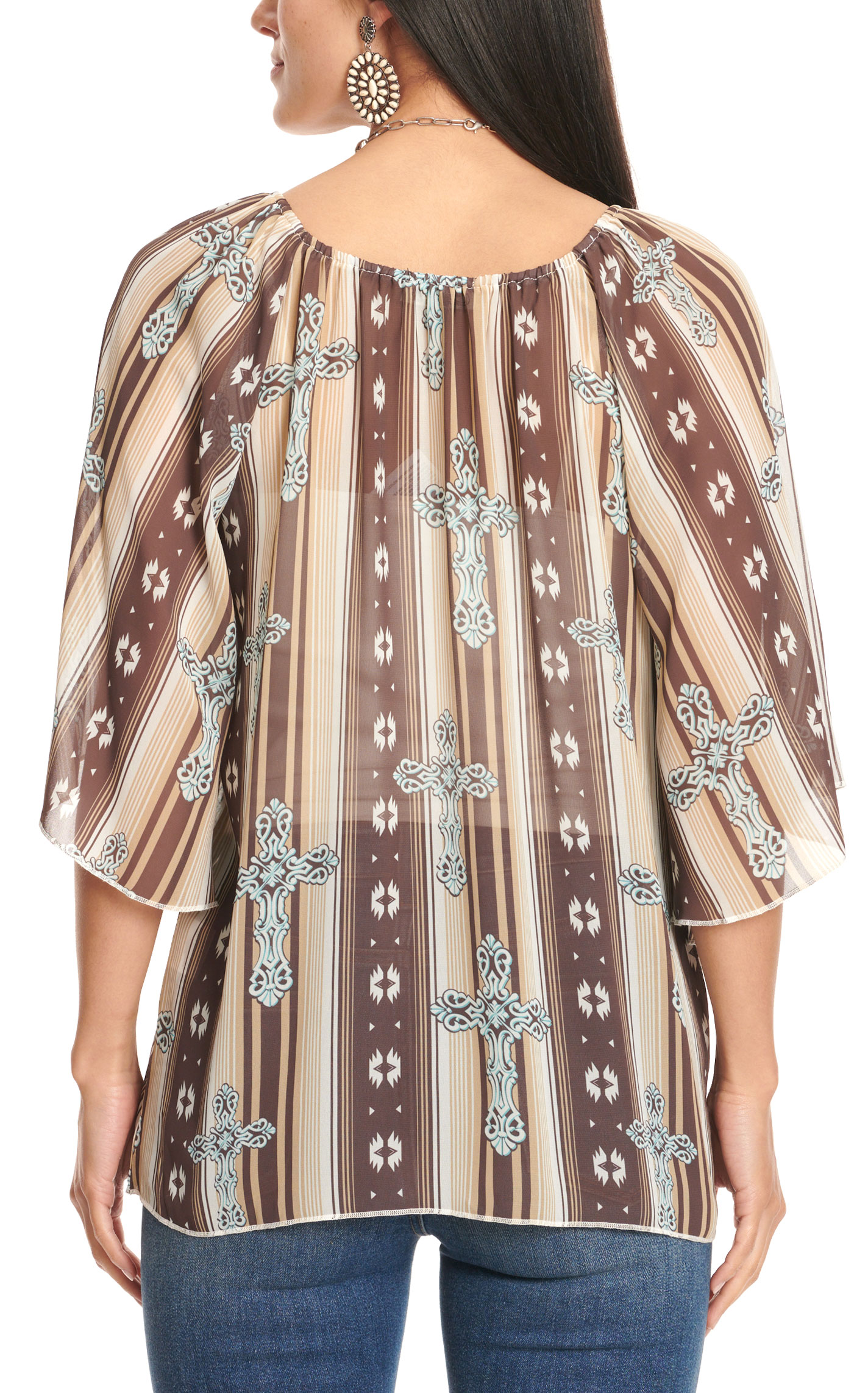 Cowgirl Hardware Women's Brown & Taupe Aztec Cross Print 3/4 Angel Sleeve Top - Image 1