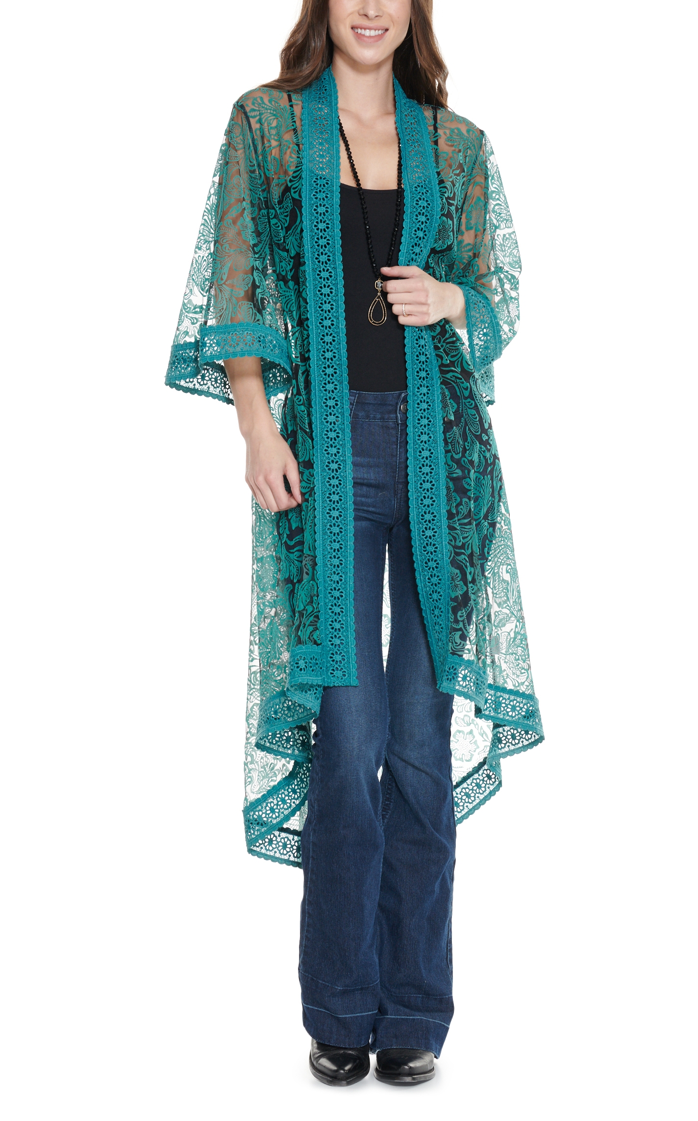 Fashion Express Women's Turquoise Floral Lace 3/4 Bell Sleeve Duster Kimono - Image 1