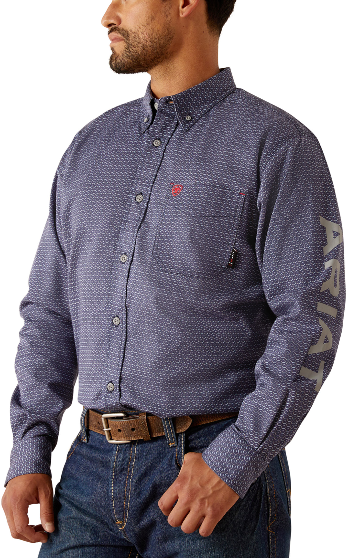 Ariat Men's Rodeo Team Navy & Gray Geo FR Work Shirt - Image 1
