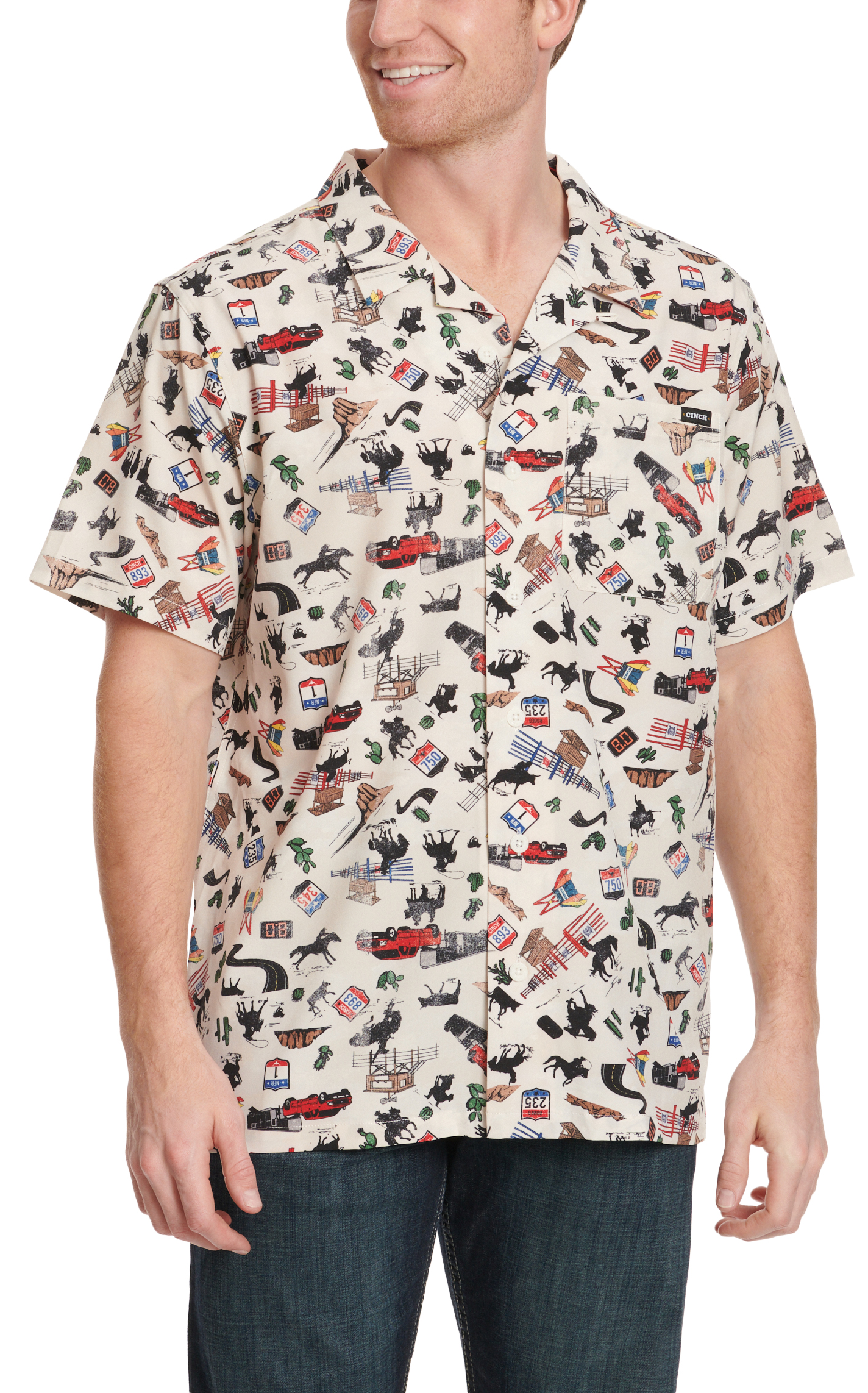 Cinch Men's White & Colorful Rodeo Road Print Short Sleeve Camp Shirt - Image 1