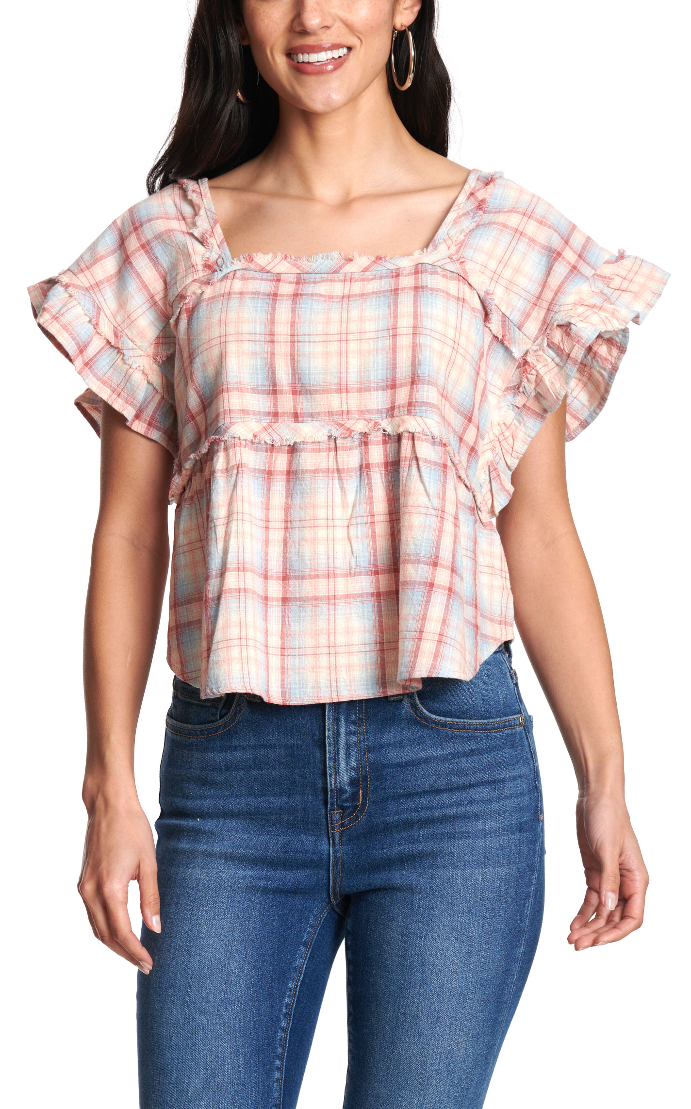 Blue B Women’s Cream and Mauve Pink Plaid Ruffle Top - Image 1