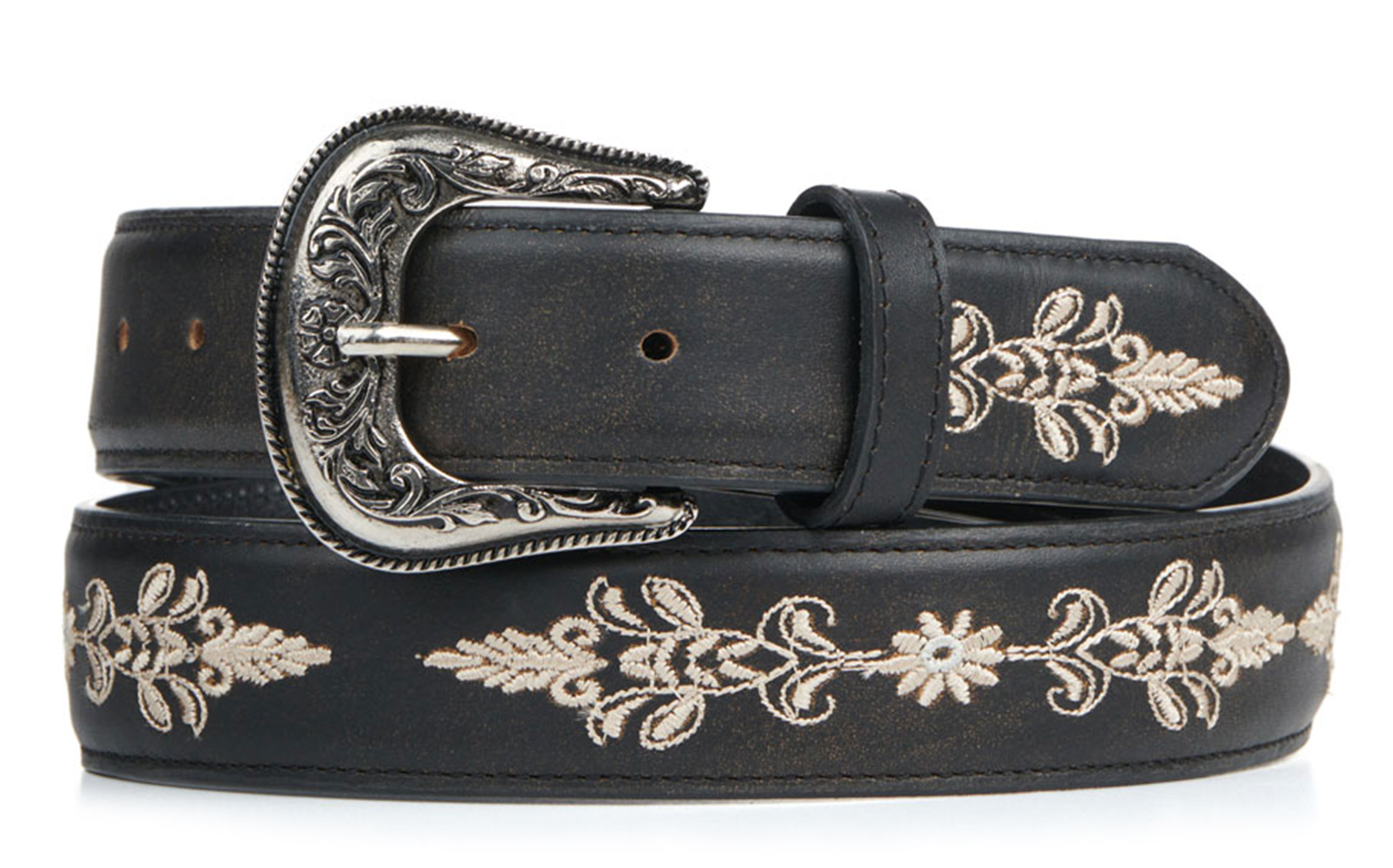 Cavender's Women's Black with Cream Embroidery Leather Western Belt - Image 1