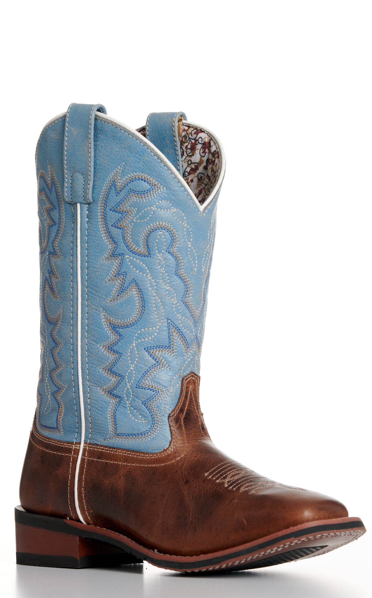 Laredo Women’s Darla Distressed Brown and Sky Blue Wide Square Toe Cowboy Boots - Image 1