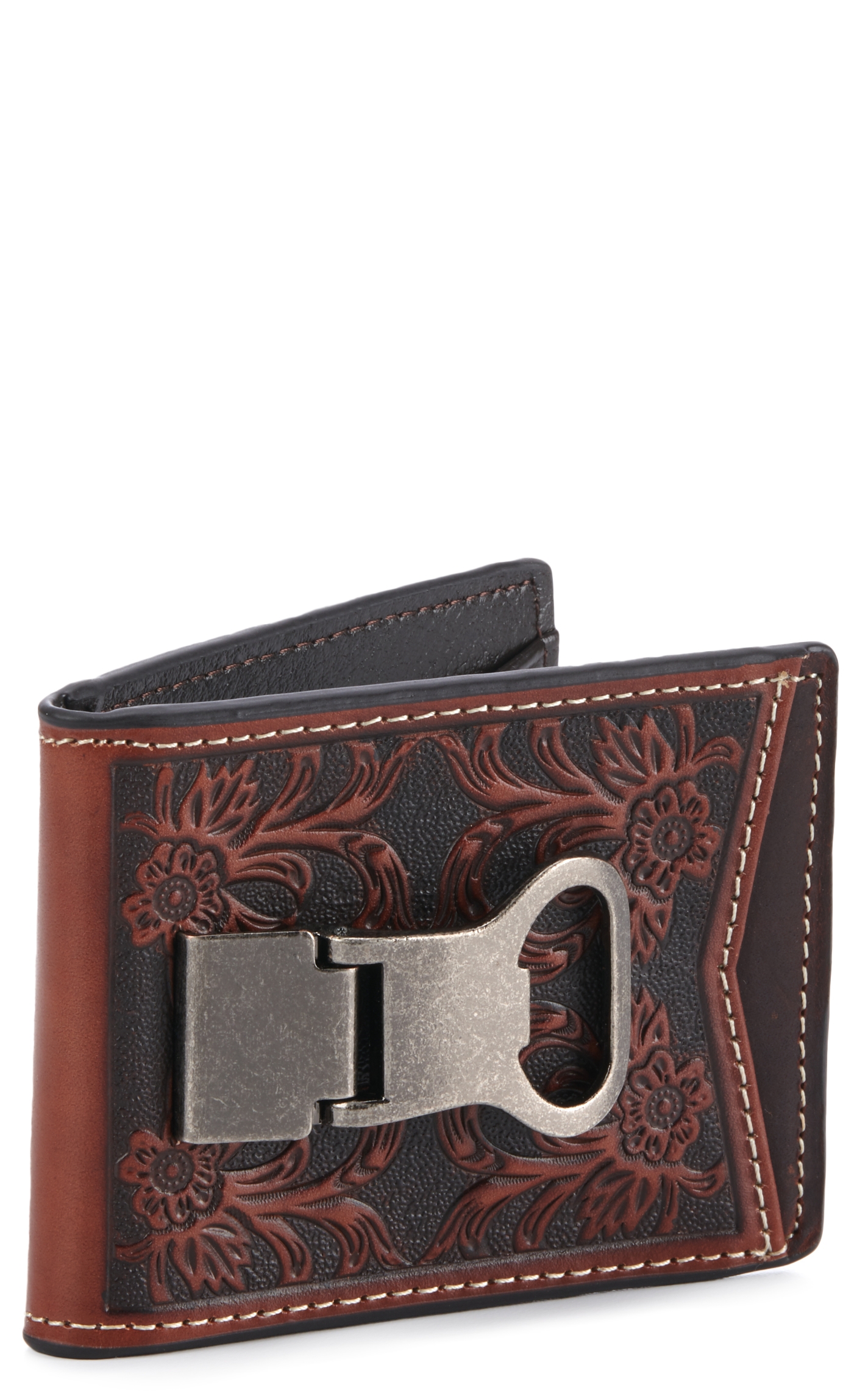 Nocona Brown Tooled Bottle Opener Money Clip Wallet - Image 1