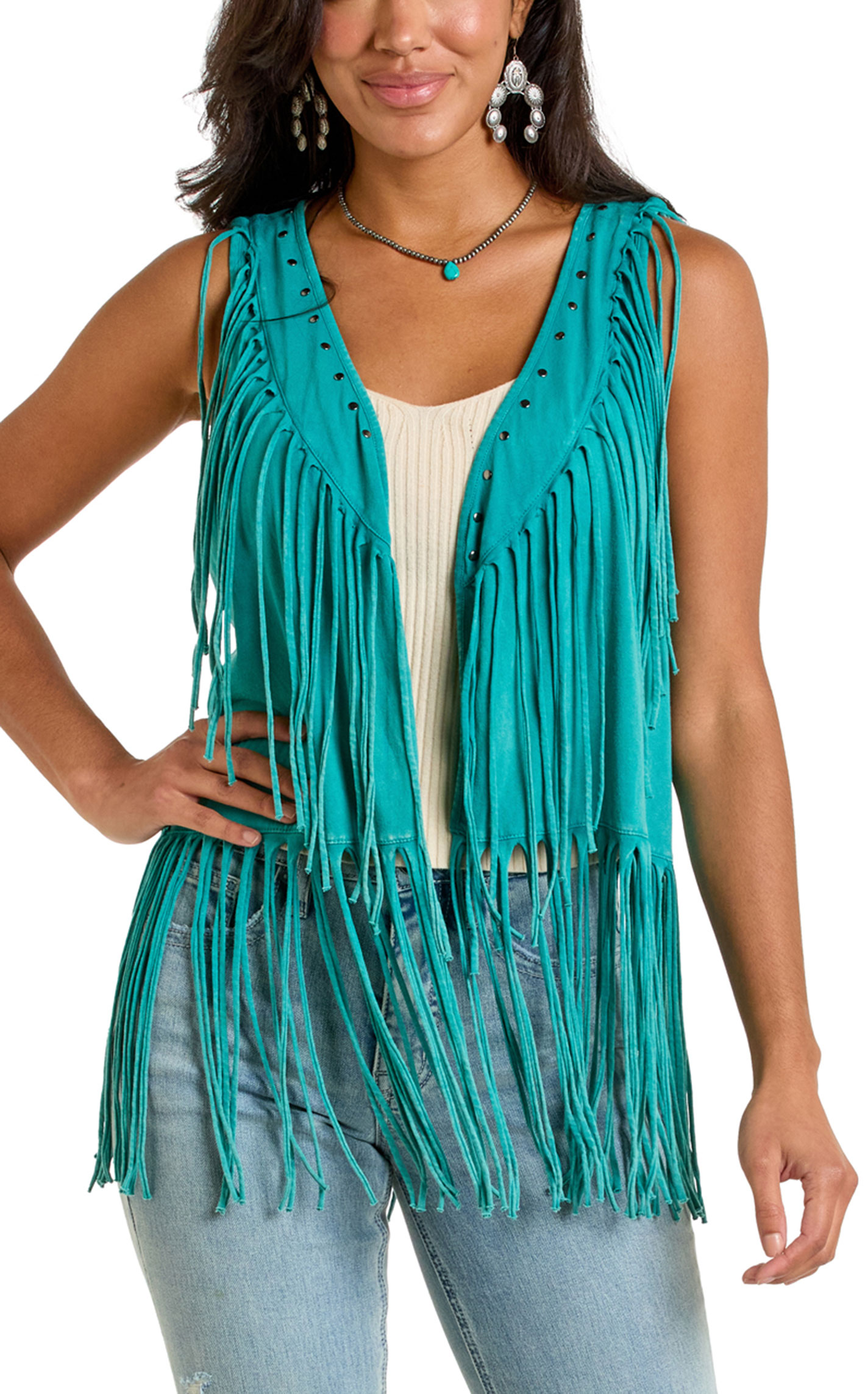 Panhandle Slim Women’s Turquoise Fringe Faux Suede Vest - Image 2