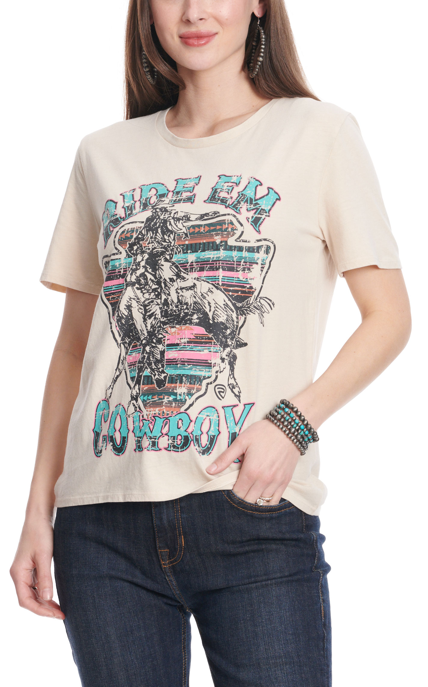 Rock & Roll Denim Latte Ride Em Cowboy Graphic T-Shirt - Image 1
