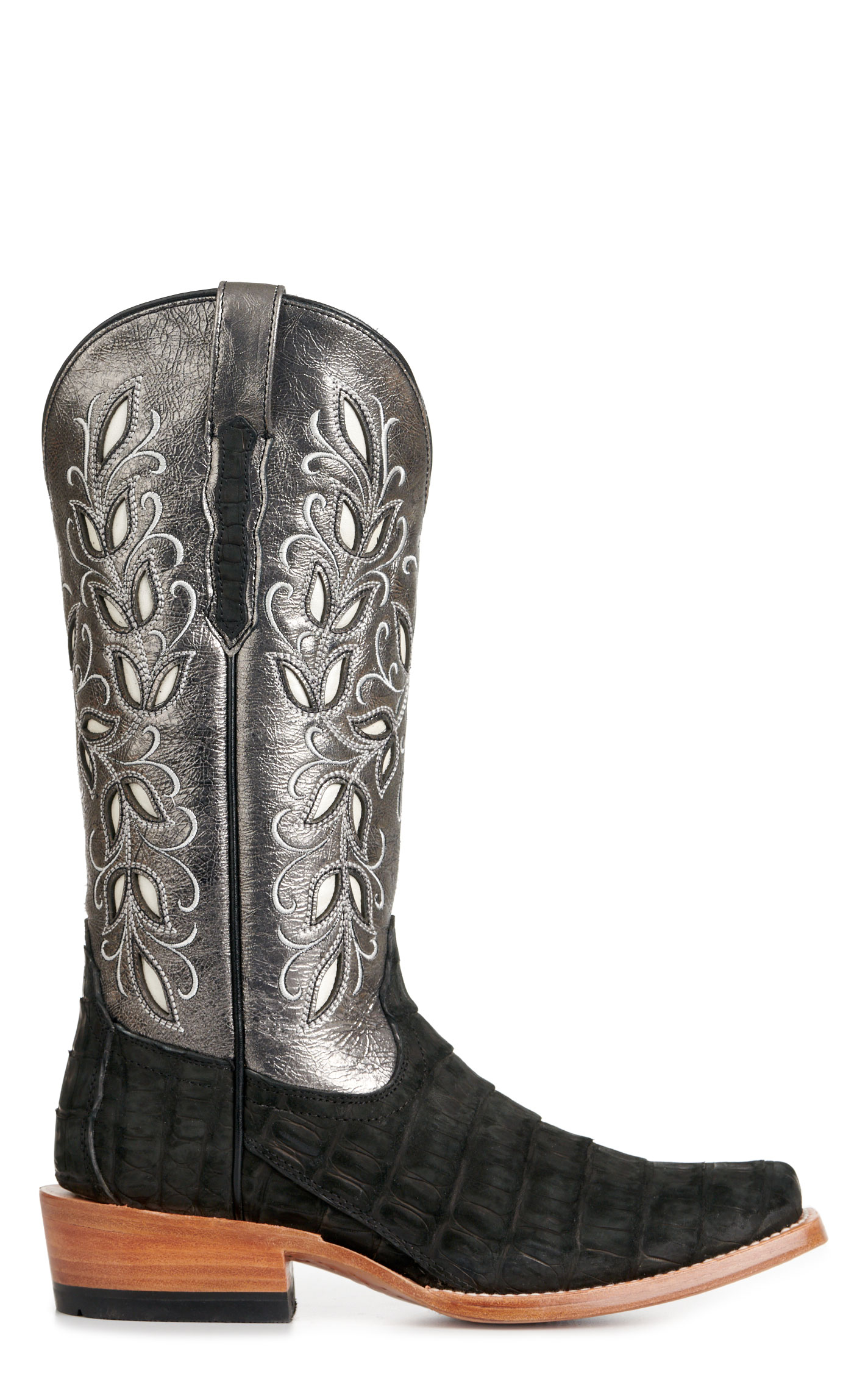 Ariat Women's Futurity Metallic Gray and Black Sueded Caiman Punchy Square Toe Exotic Cowboy Boots - Image 1