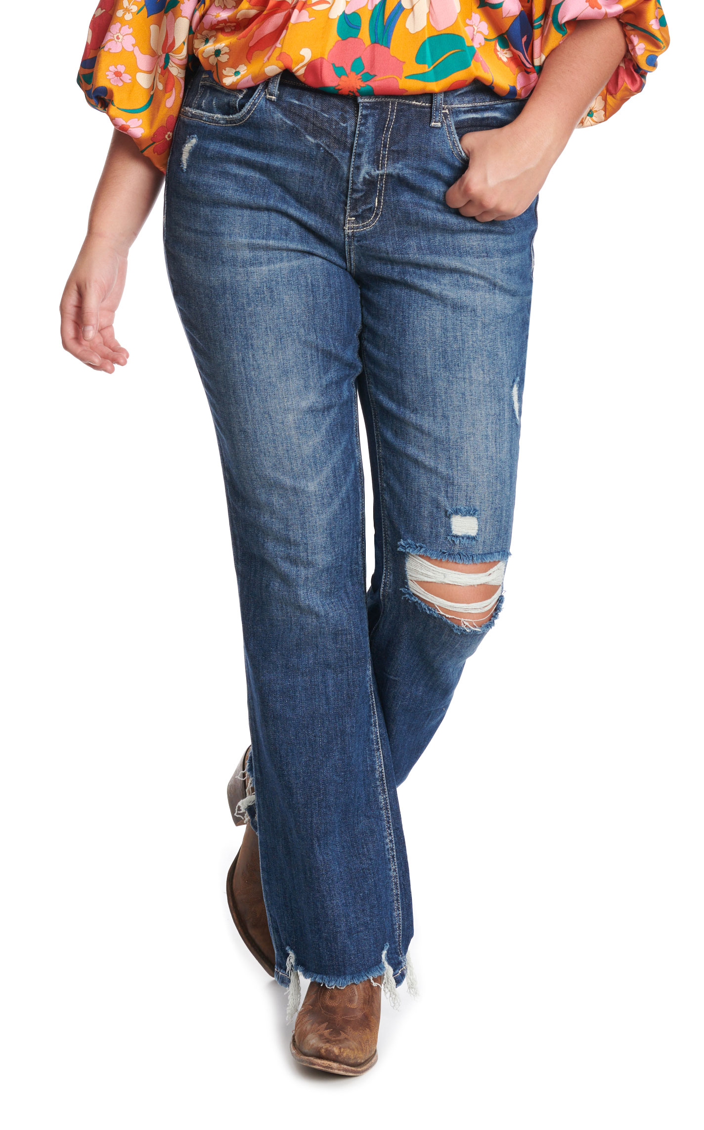 Lovervet by Vervet Women's Dark Wash Distressed Flare Jeans - Plus Sizes - Image 1