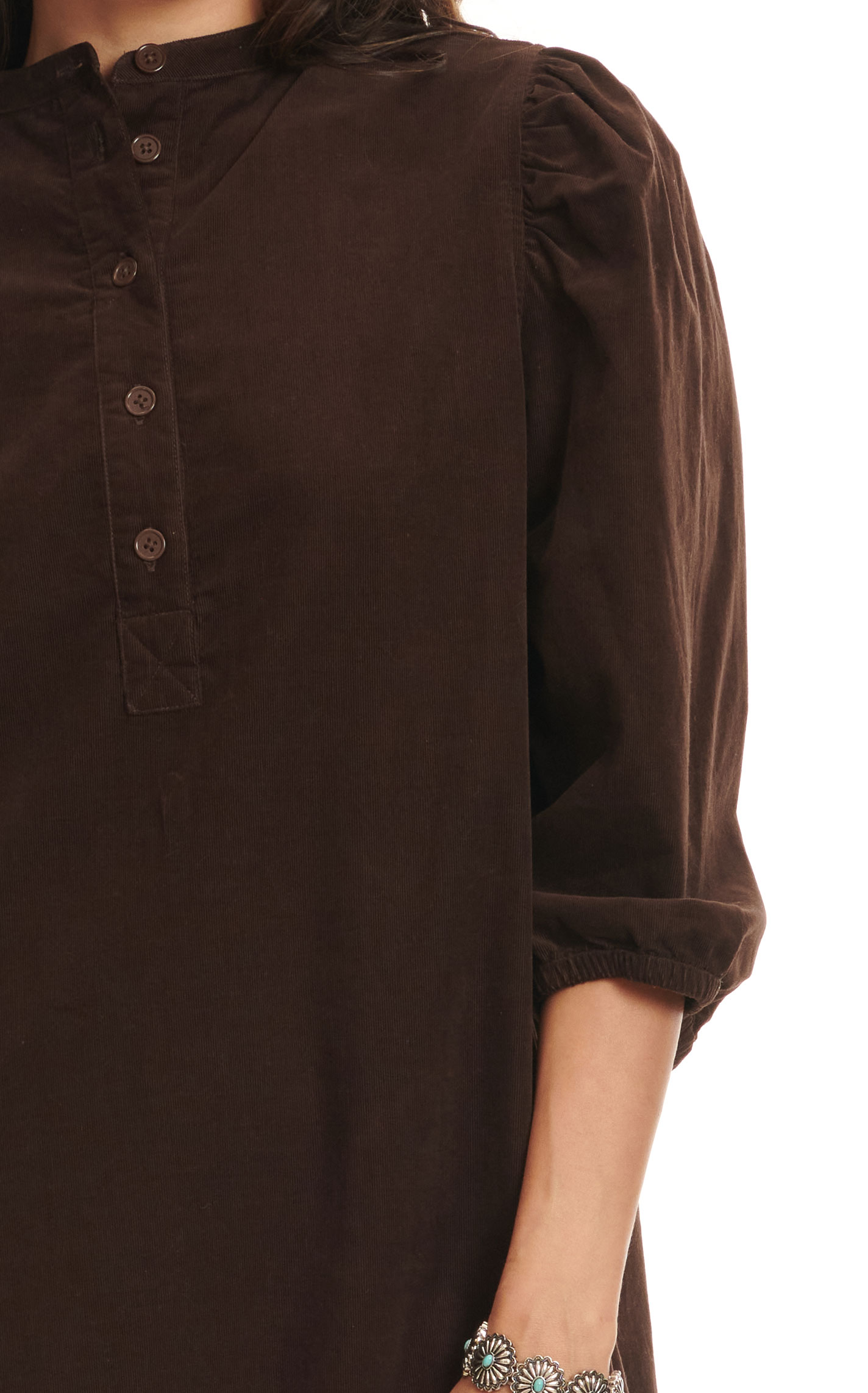 Rockin C Women's Dark Chocolate Brown Corduroy 3/4 Puff Sleeve Dress - Image 1
