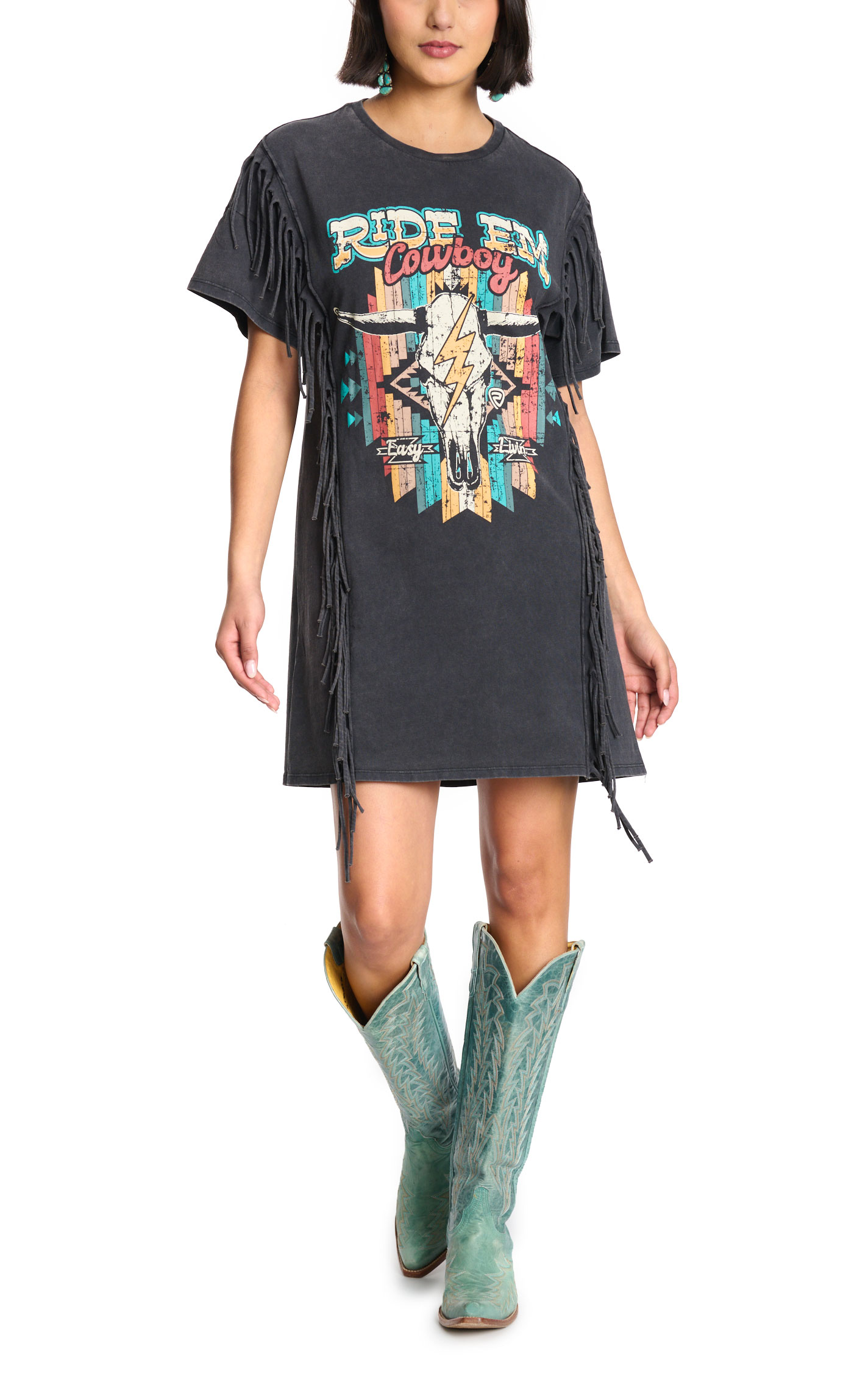Rock & Roll Denim Black Fringed Ride 'Em Graphic T-Shirt Dress - Image 1
