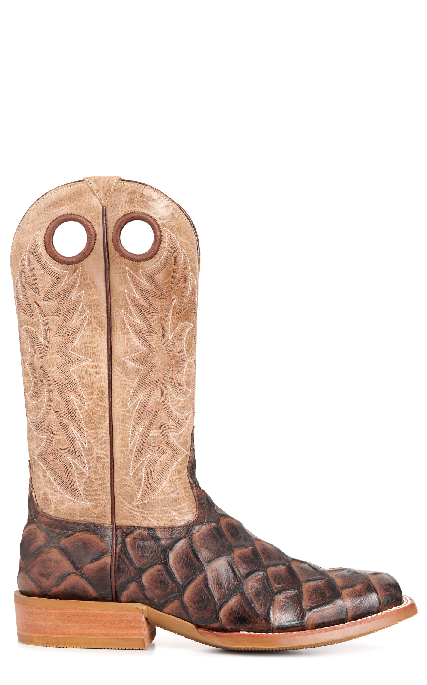 Cavender's Men's Intrepid Bone and Brown Pirarucu Print Wide Square Toe Cowboy Boots - Image 1