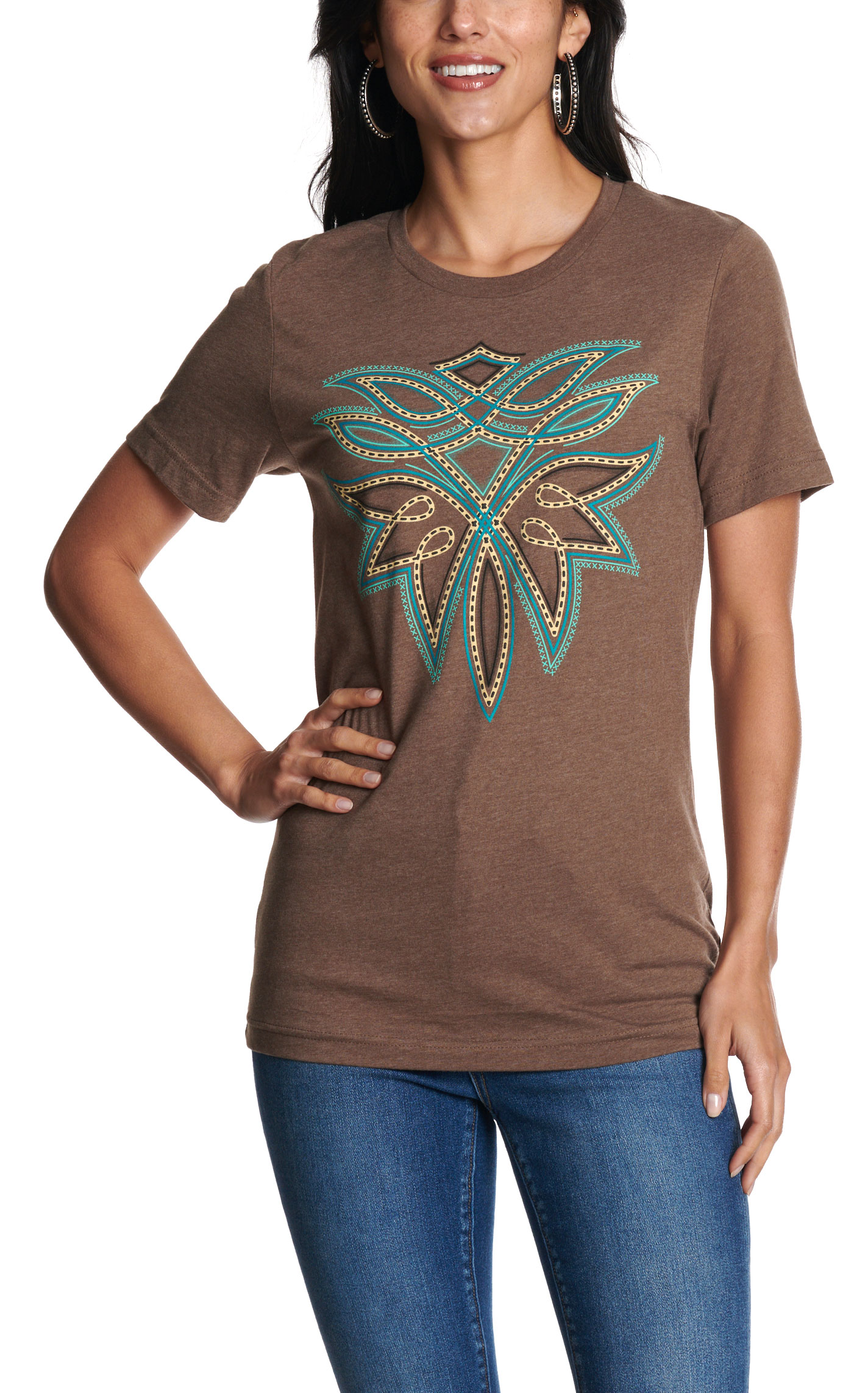 Spirit to a Tee Women's Brown Boot Stitch Graphic T-Shirt - Image 2