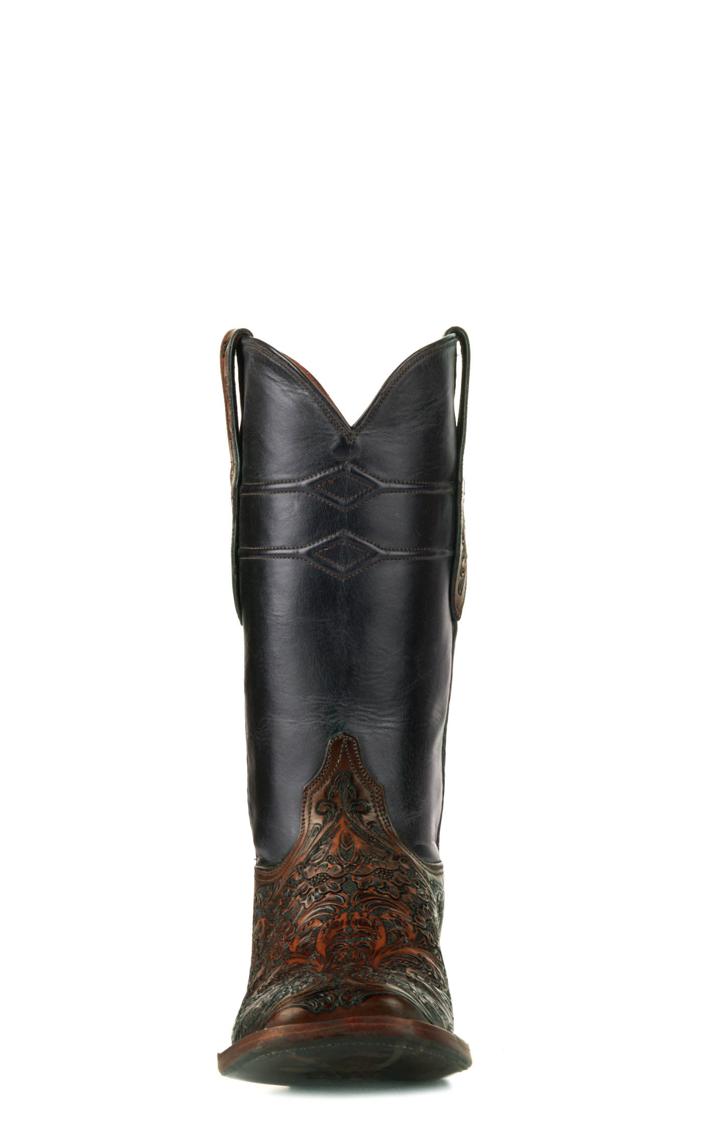 Black Jack Men's Mahogany Black and Brown Hand Tooled Wide Square Toe Cowboy Boots - Image 1
