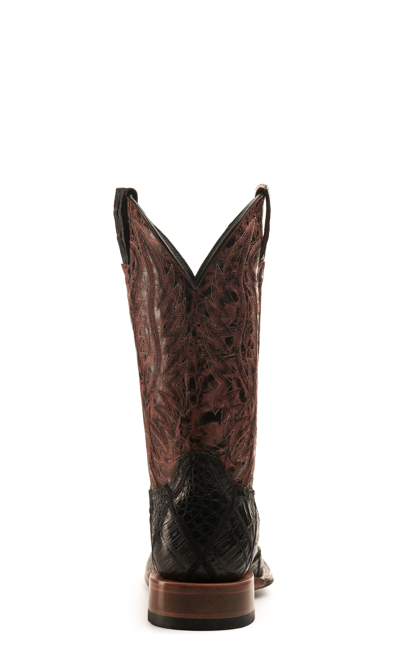 Cavender's Men's Black Caiman Patchwork and Wine Wide Square Toe Exotic Cowboy Boots - Image 1