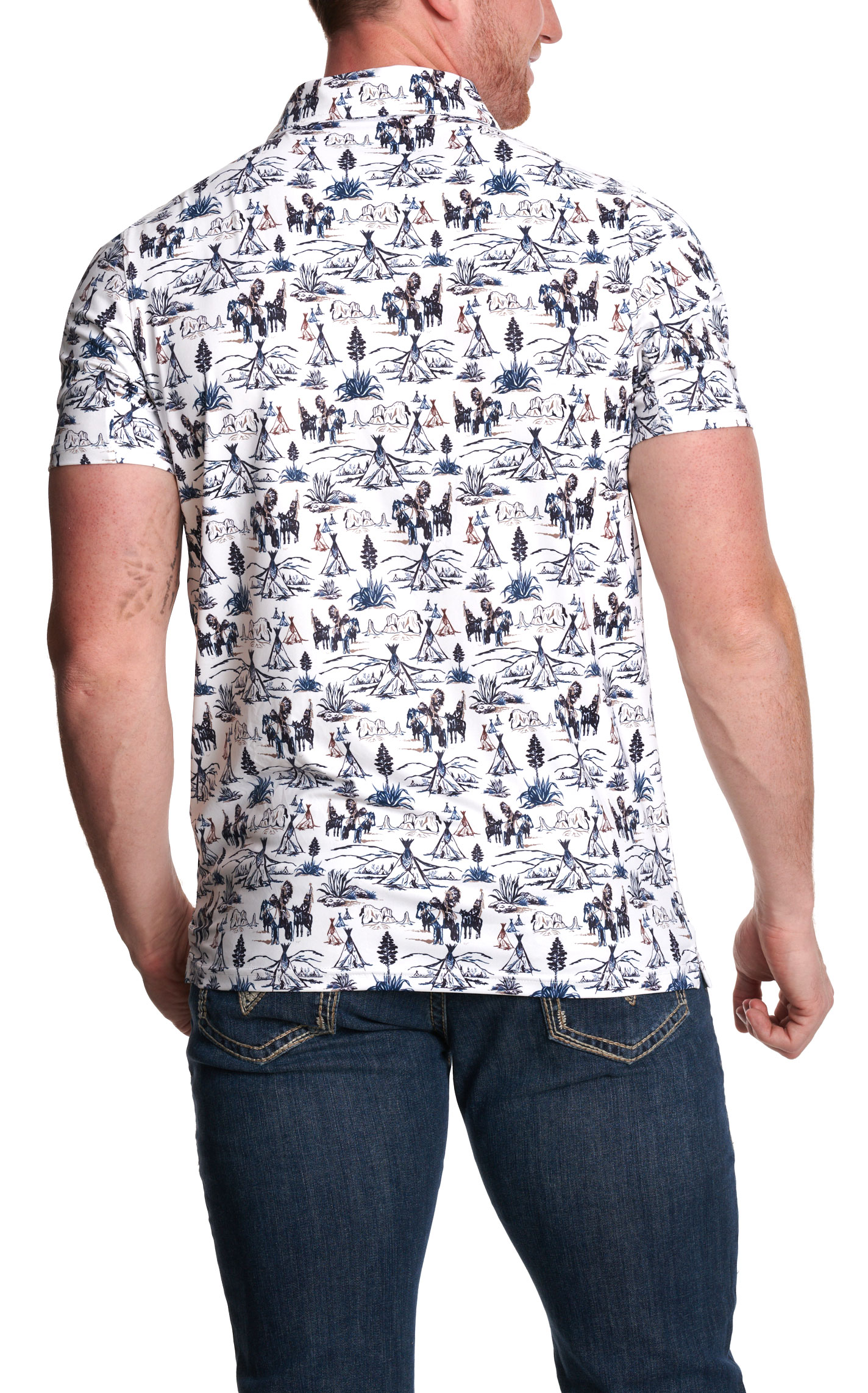 Hooey Men's White, Blue & Brown Western Print Polo Shirt - Image 1