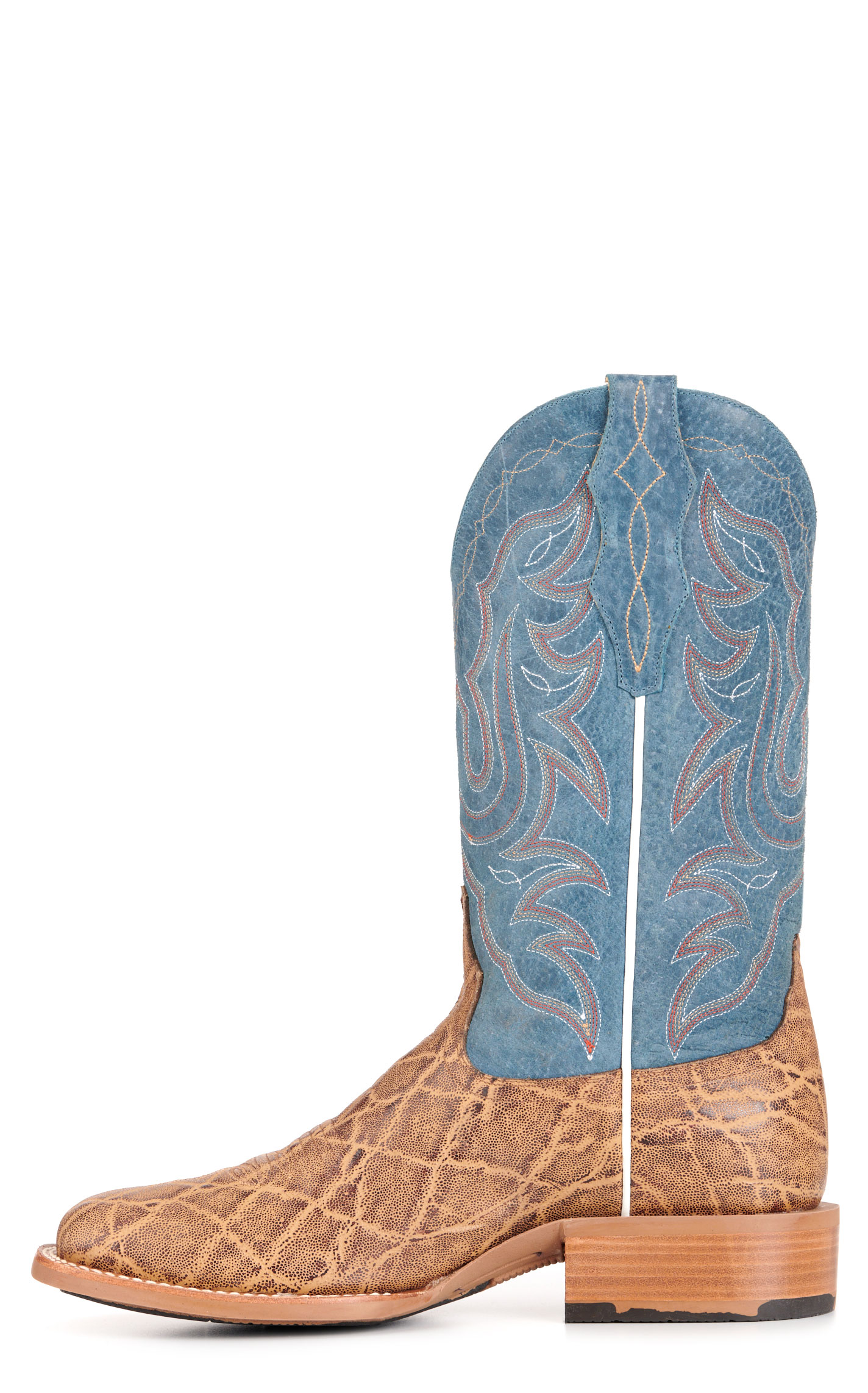 Cavender's Men's Intrepid Tan Elephant Print and Blue Wide Square Toe Cowboy Boots - Image 1