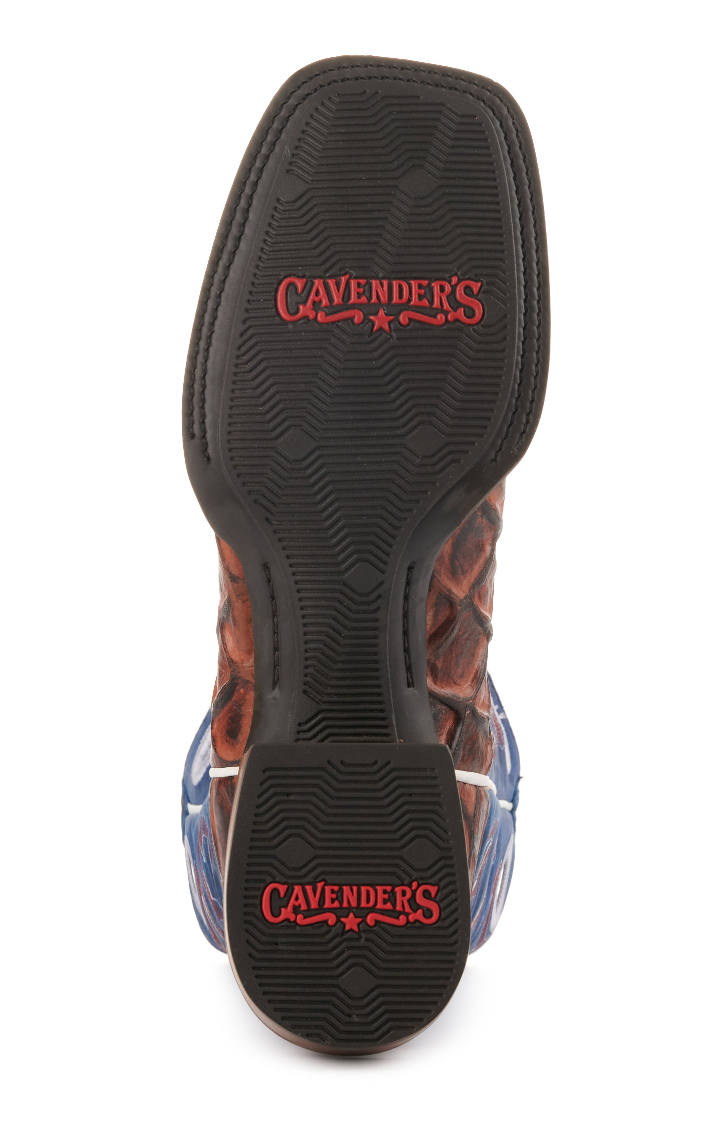 Cavender's Men's Intrepid Rust Pirarucu Print and Blue Wide Square Toe Cowboy Boots - Image 1
