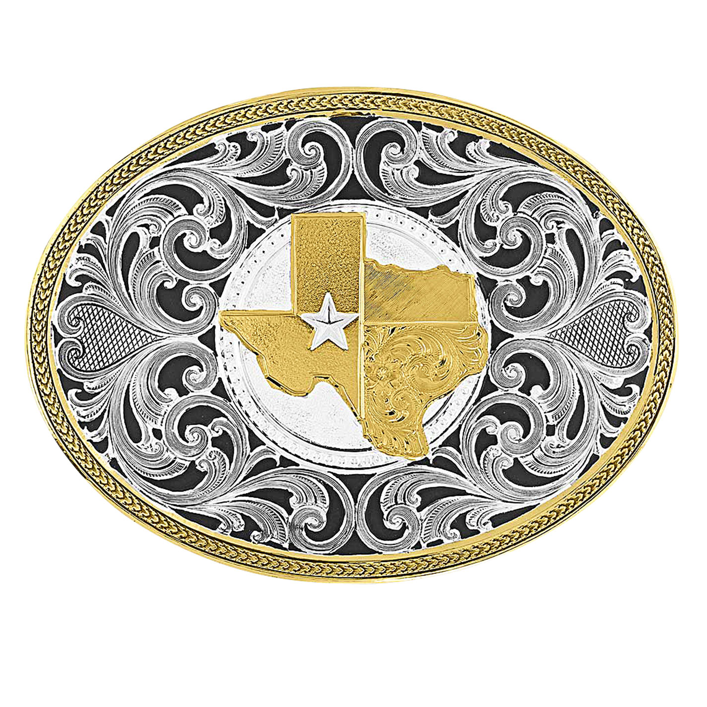 Montana Silversmiths Gold and Silver with Black Underlay Tooled Texas State Belt Buckle - Image 1