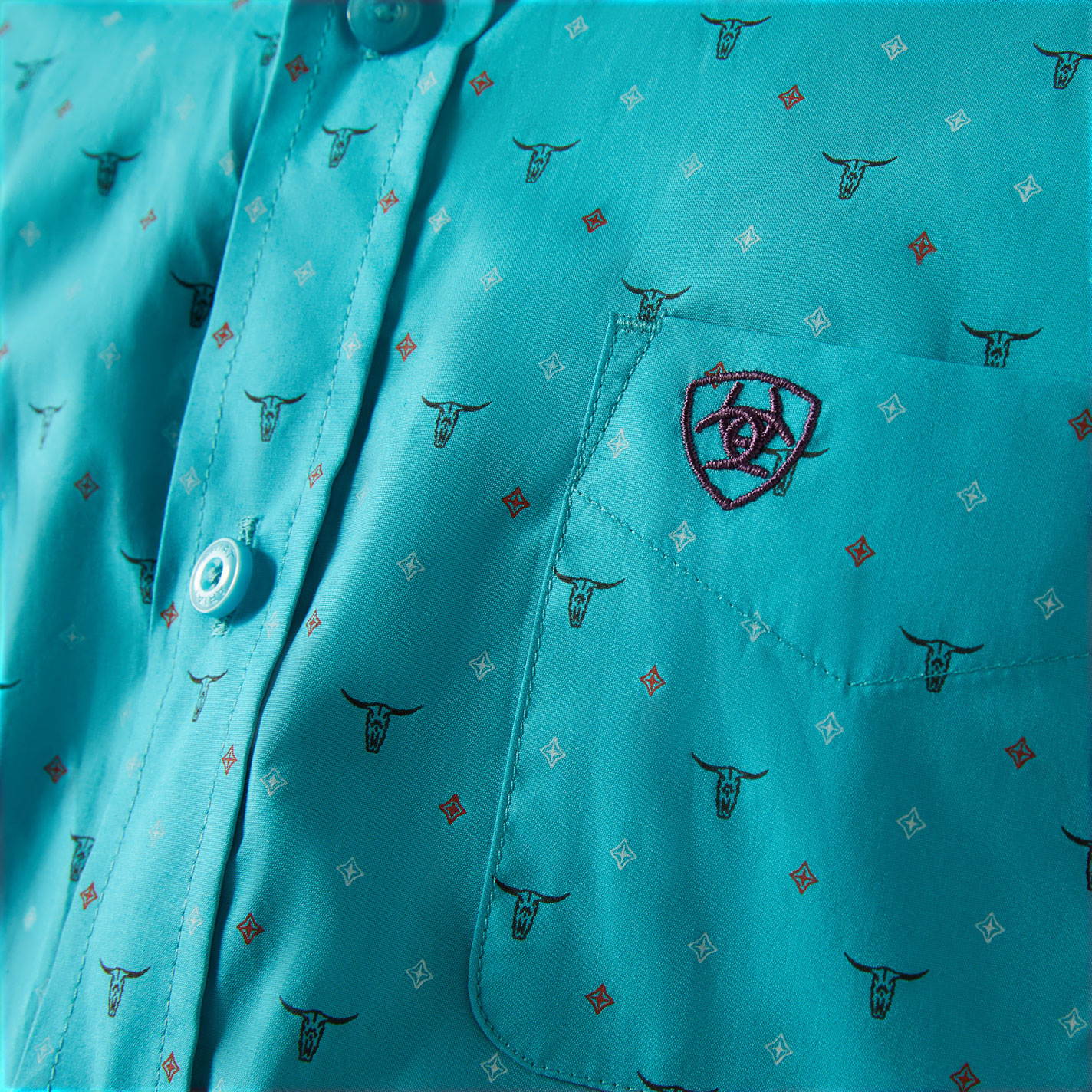 Ariat Boy's Willke Turquoise Longhorn Print Western Shirt - Image 1