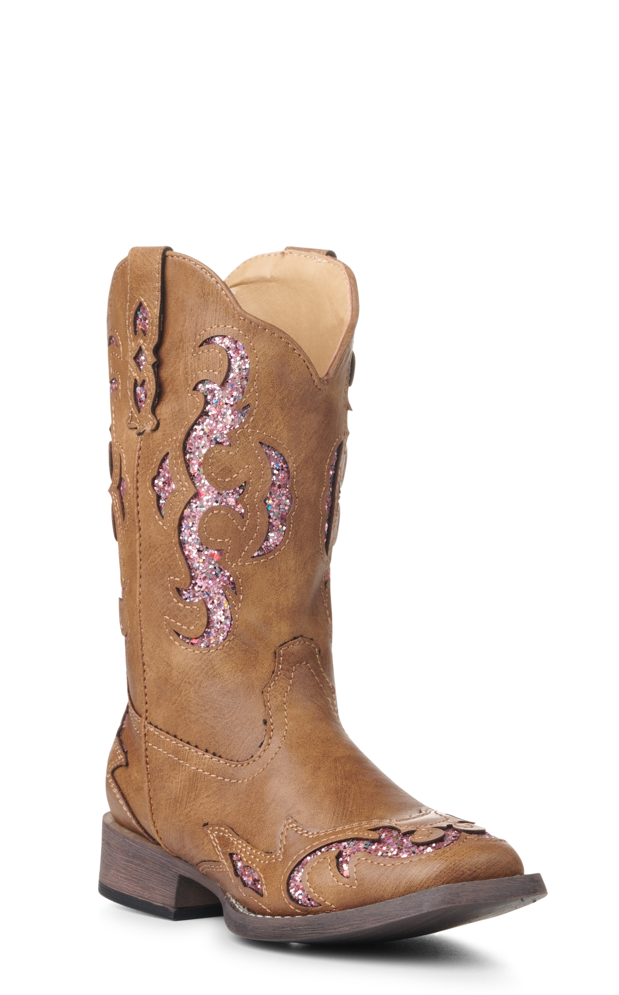 Roper Kid's Gypsy Tan with Pink Glitter Inlay Square Toe Cowboy Boots - Image 1