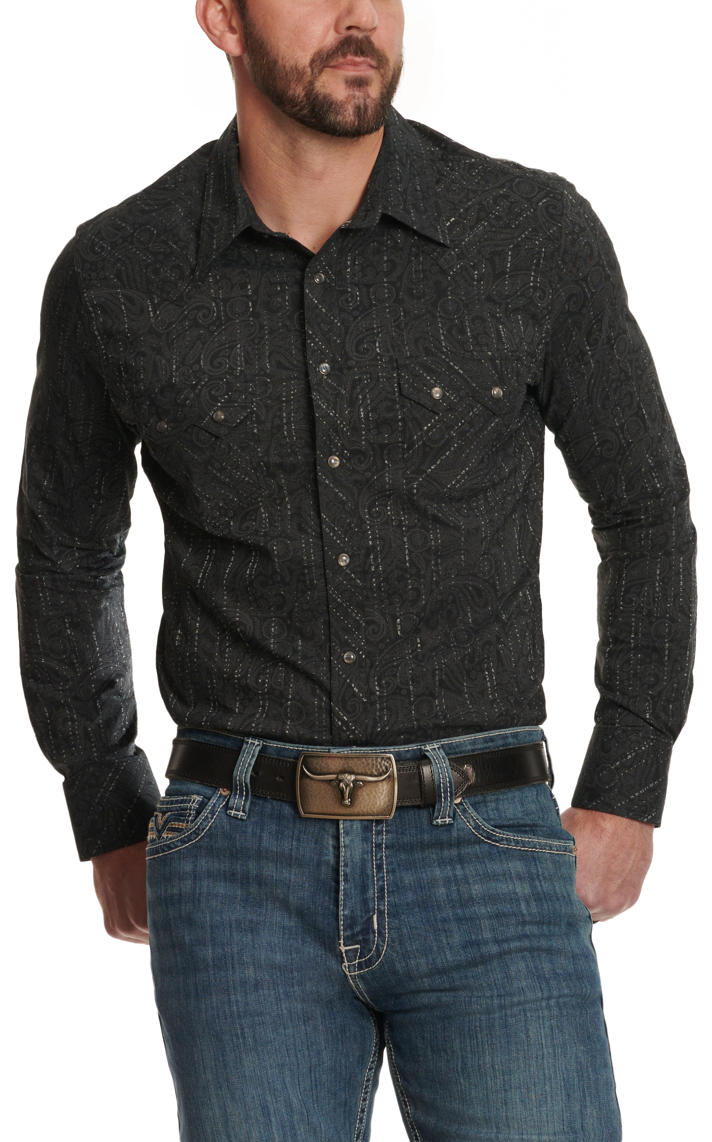 Rock & Roll Denim Men's Black & Gray Paisley Striped Western Shirt - Image 1