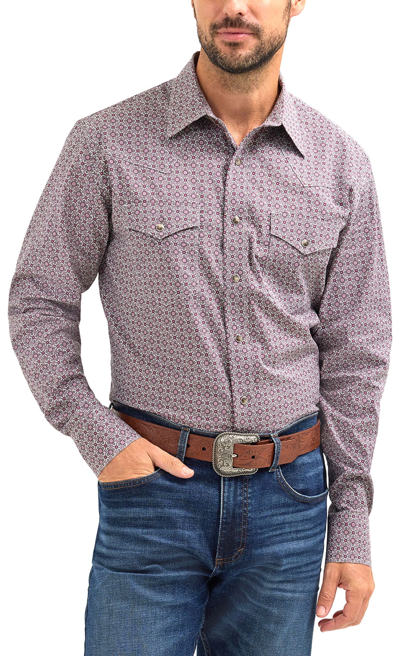 Wrangler Men's 20X Gray & Burgundy Geo Print Western Shirt - Image 1
