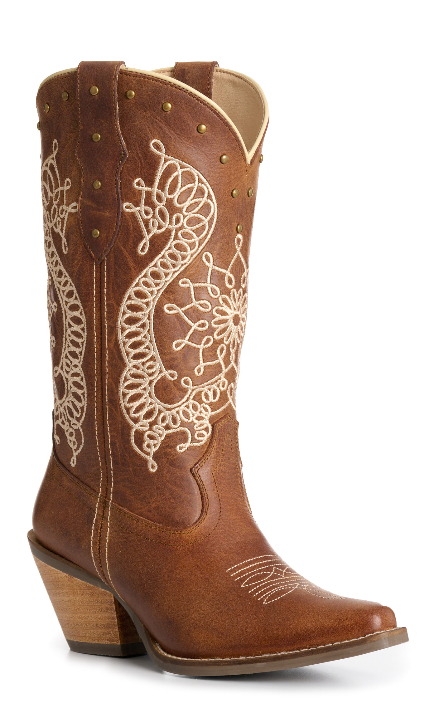 Rockin' C Women's Caramel & Cream Embroidered Snip Toe Cowboy Boots - Image 1