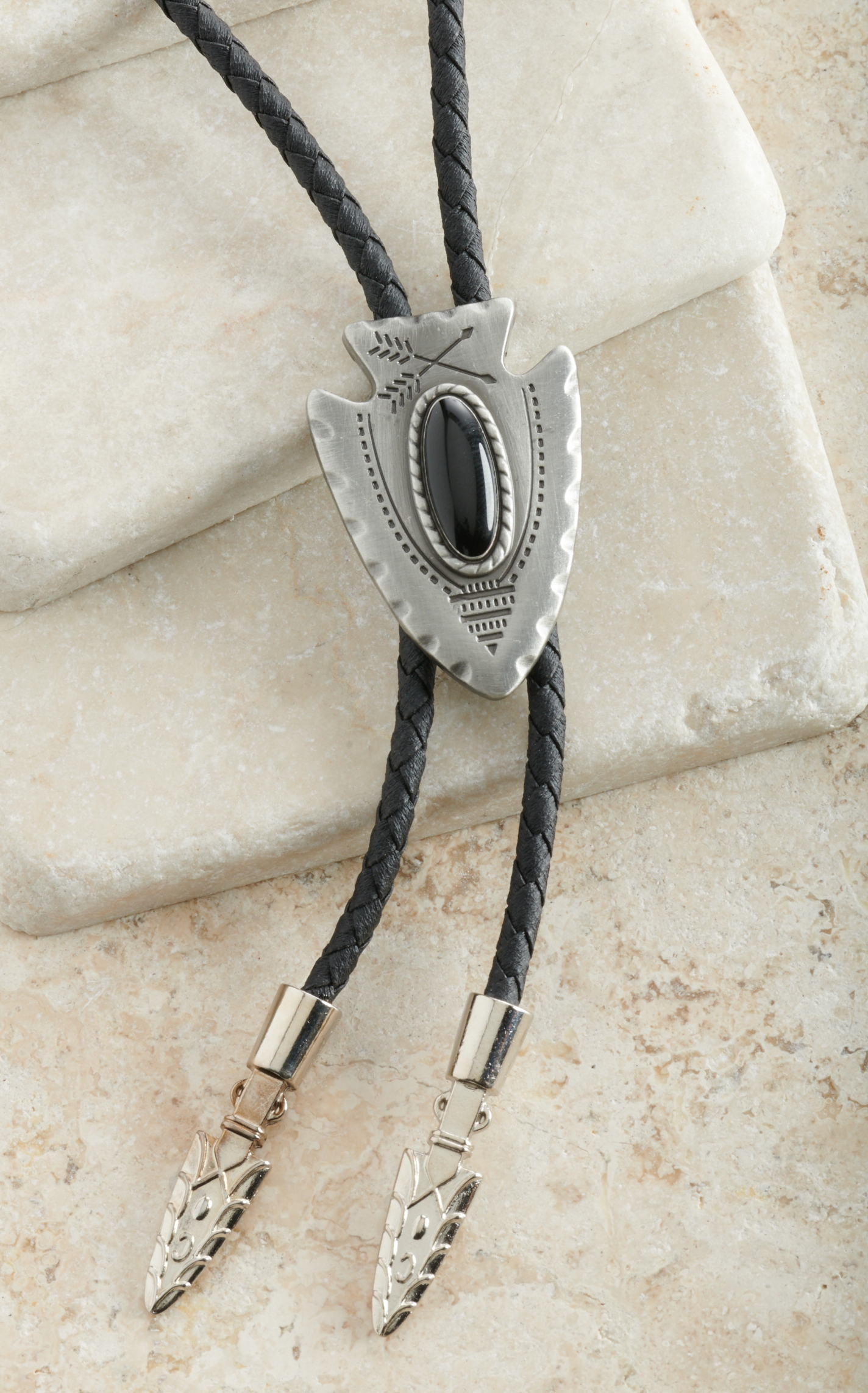 M&F Western Antique Silver & Black Stone Arrowhead Bolo Tie - Image 1