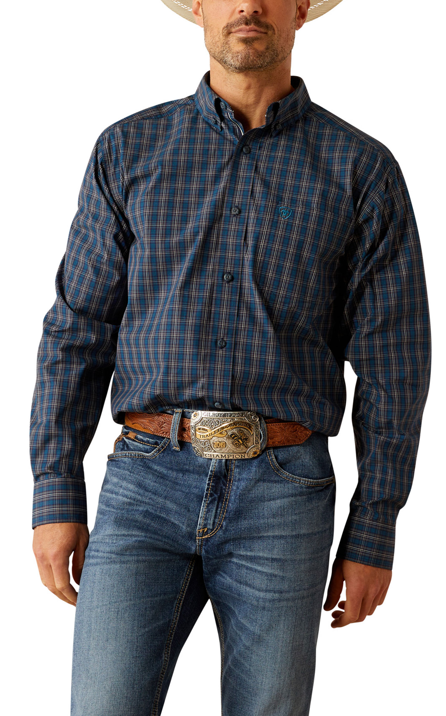 Ariat Pro Series Men's Joaquin Navy Plaid Western Shirt - Image 1