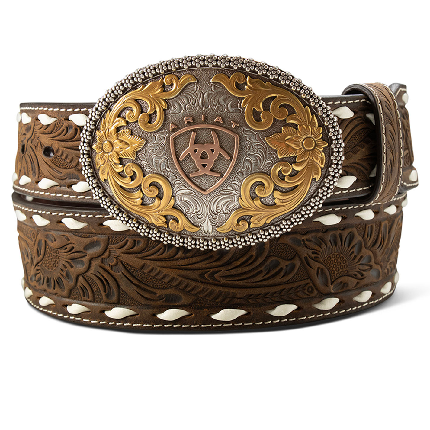 Ariat Men's Etched Oval Buckle Leather Floral Tooled Belt - Image 1