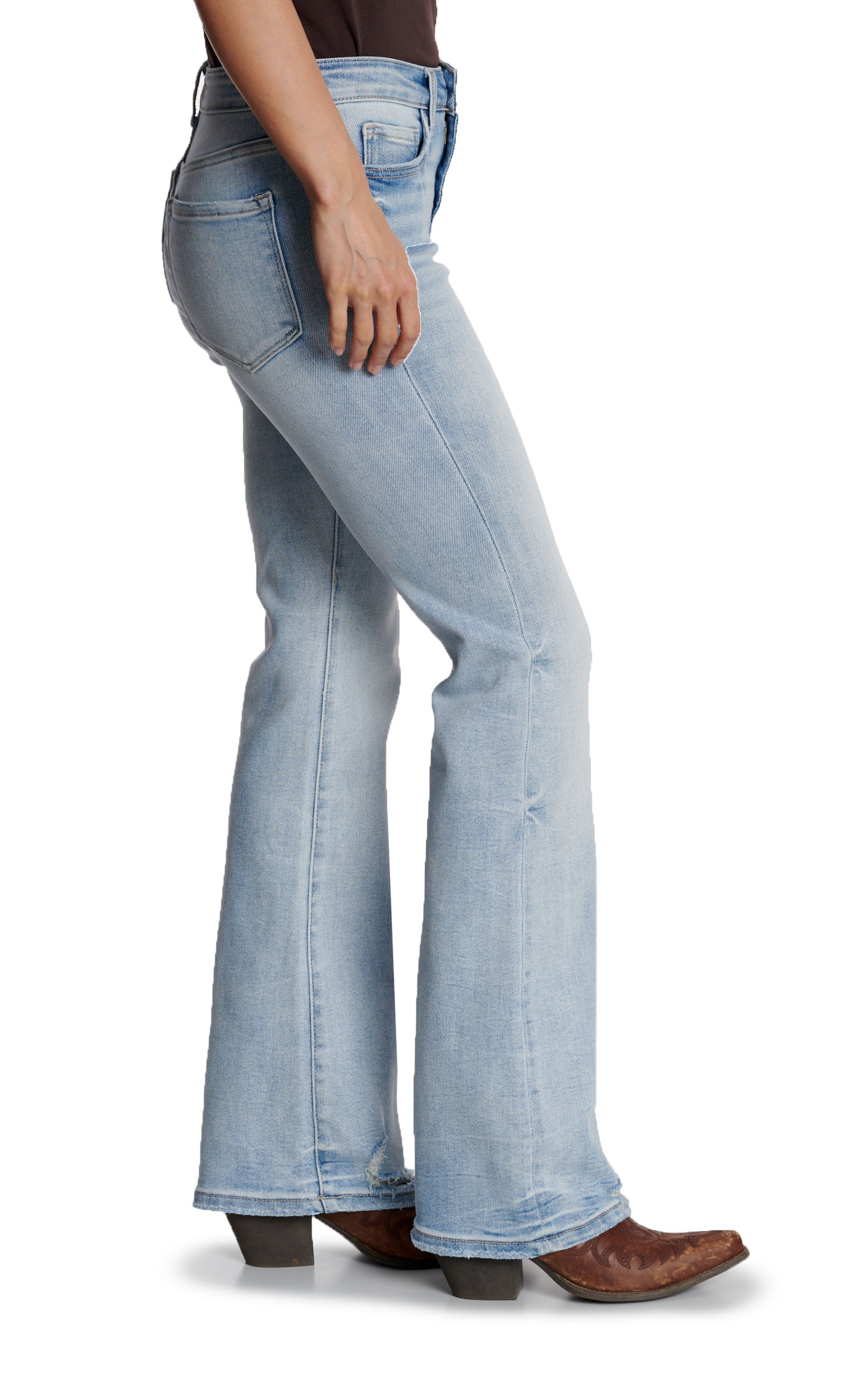 Lovervet Women's Light Wash Mid Rise Distressed Hem Bootcut Jeans - Image 1