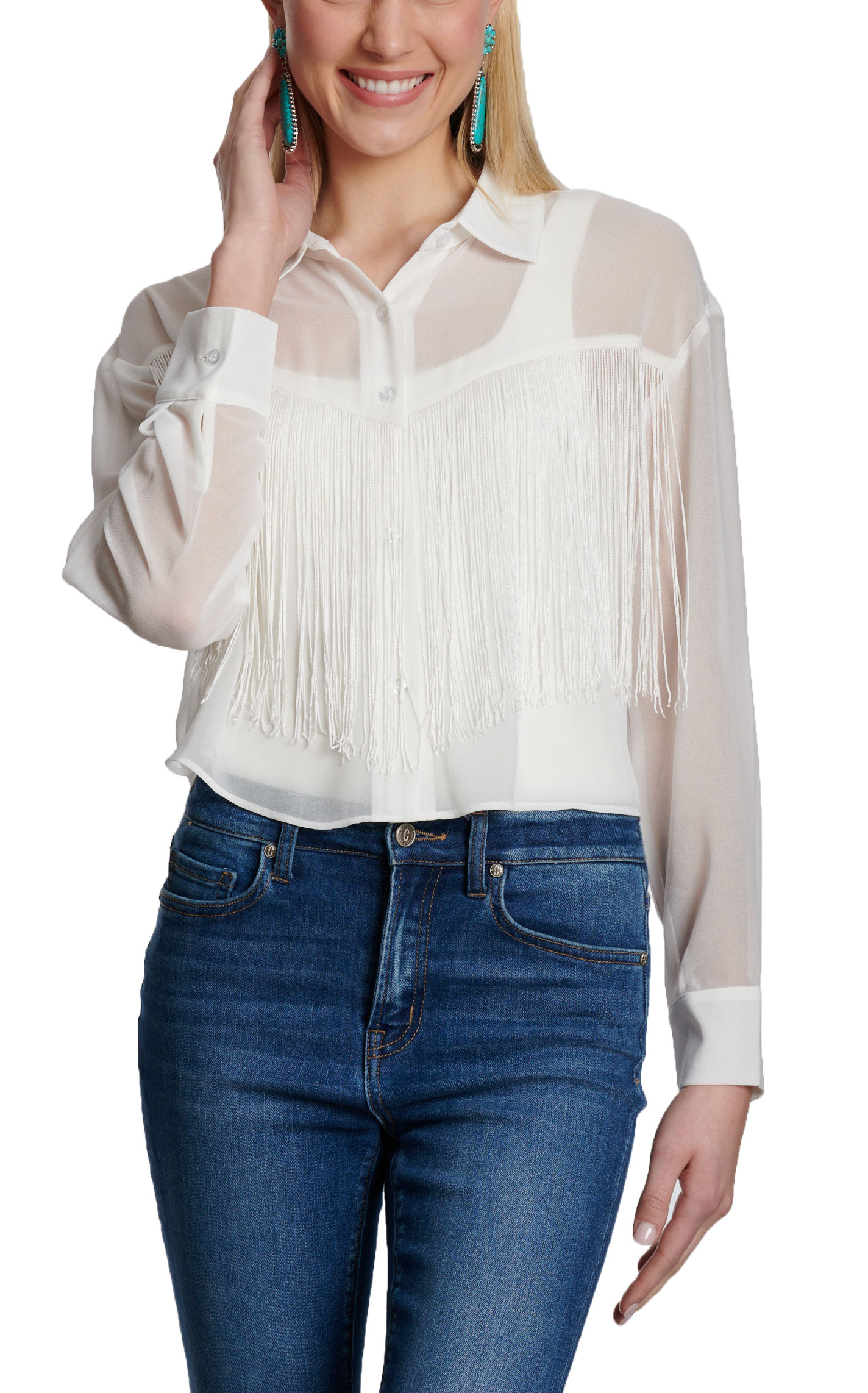 Rockin' C Women's Ivory Sheer Fringe Top - Image 1