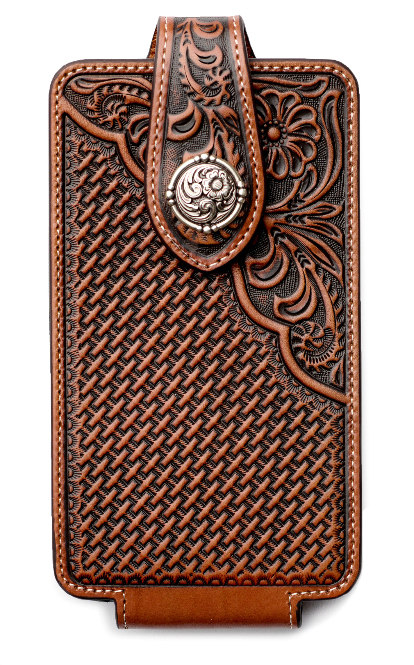 Ariat Chocolate Leather Basket Weave Tooled Large Cell Phone Case - Image 1