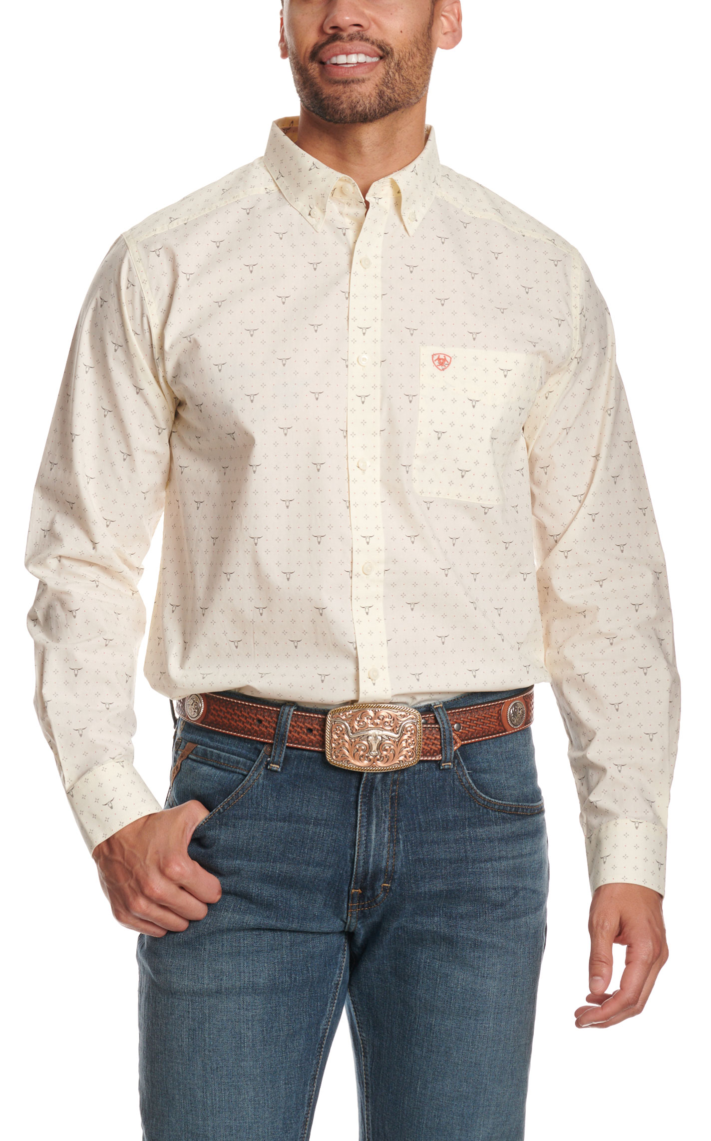 Ariat Men's Edmond Cream Skull Print Long Sleeve Western Shirt - Image 3