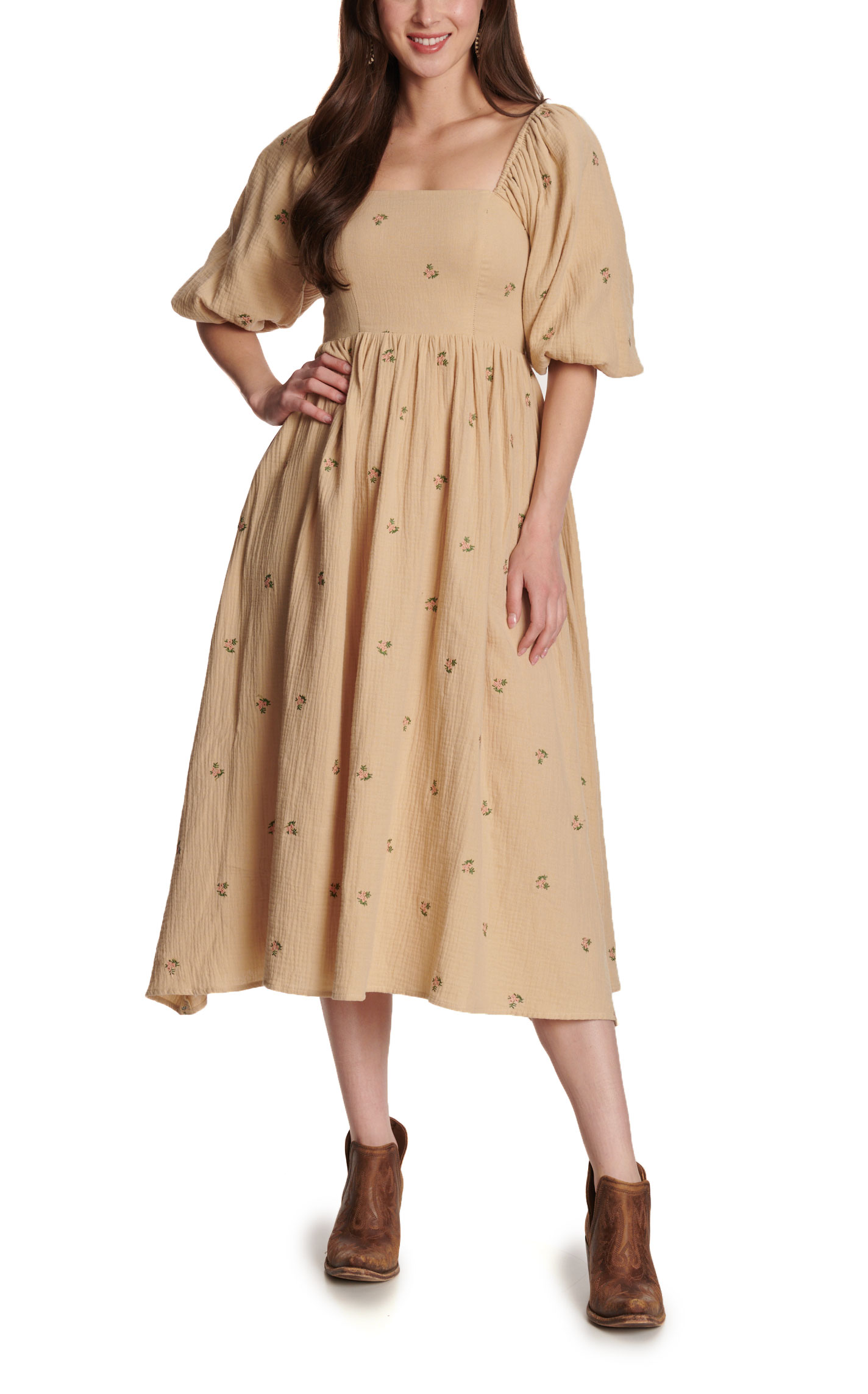 Endless Blu Women’s Beige Floral Puff Sleeve Midi Dress - Image 1