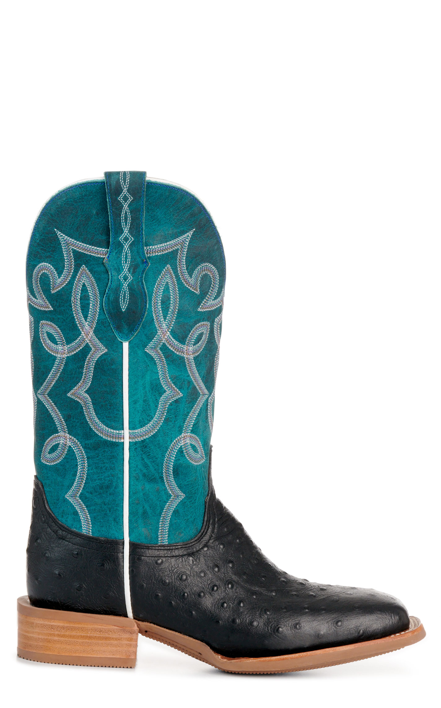 Cavender’s Women’s Intrepid Black Ostrich Print and Turquoise Wide Square Toe Cowboy Boots  - Image 1