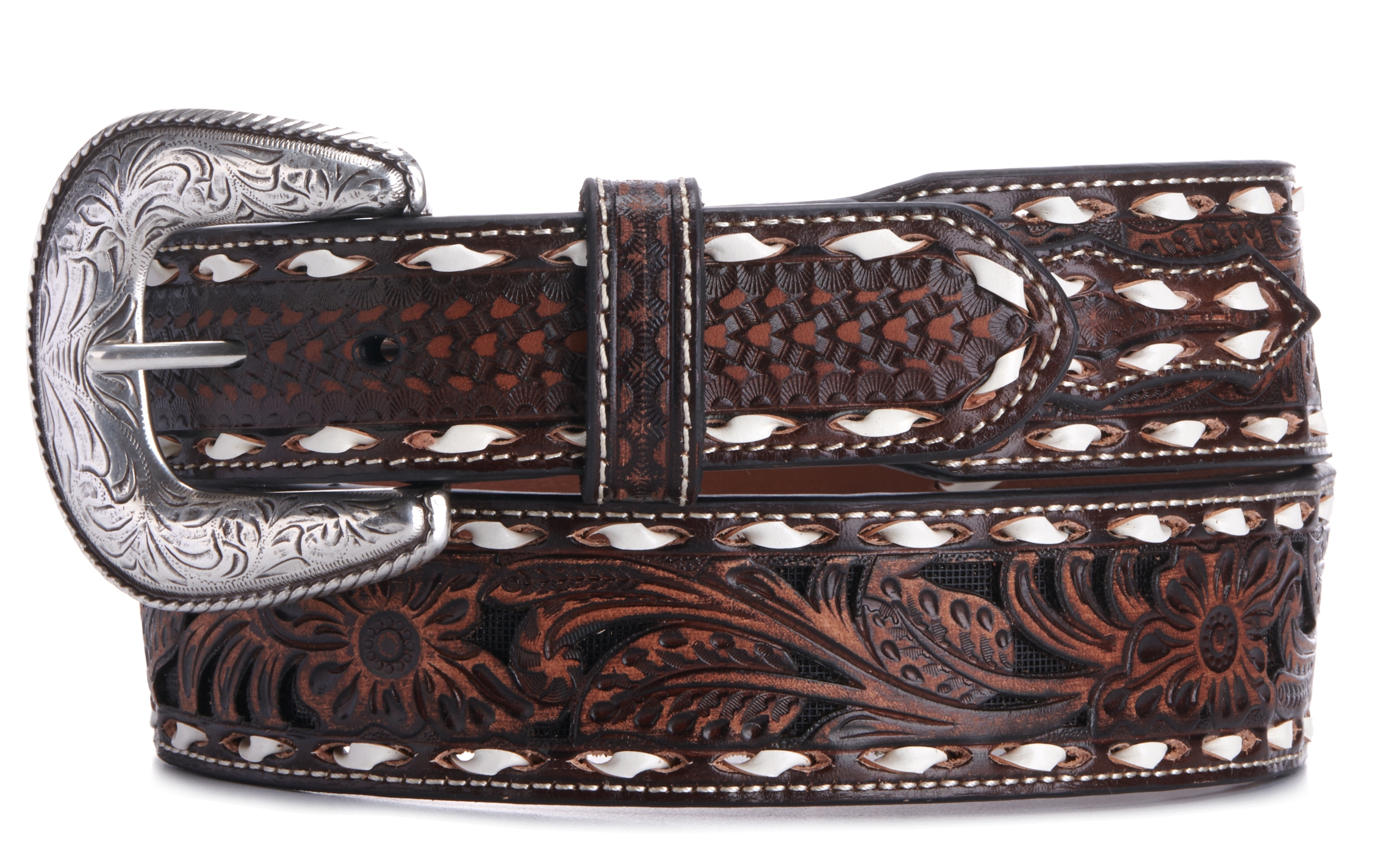 Ariat Men's Brown Floral Tooling and White Lacing Tapered Western Belt - Image 1