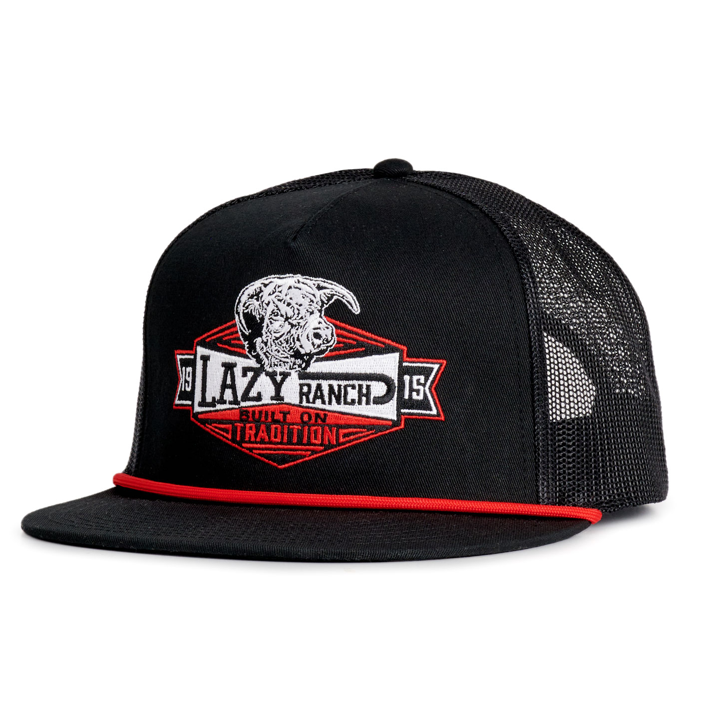 Lazy J Ranch Wear Black & Red Patch & Rope Flat Bill Mesh Cap - Image 1