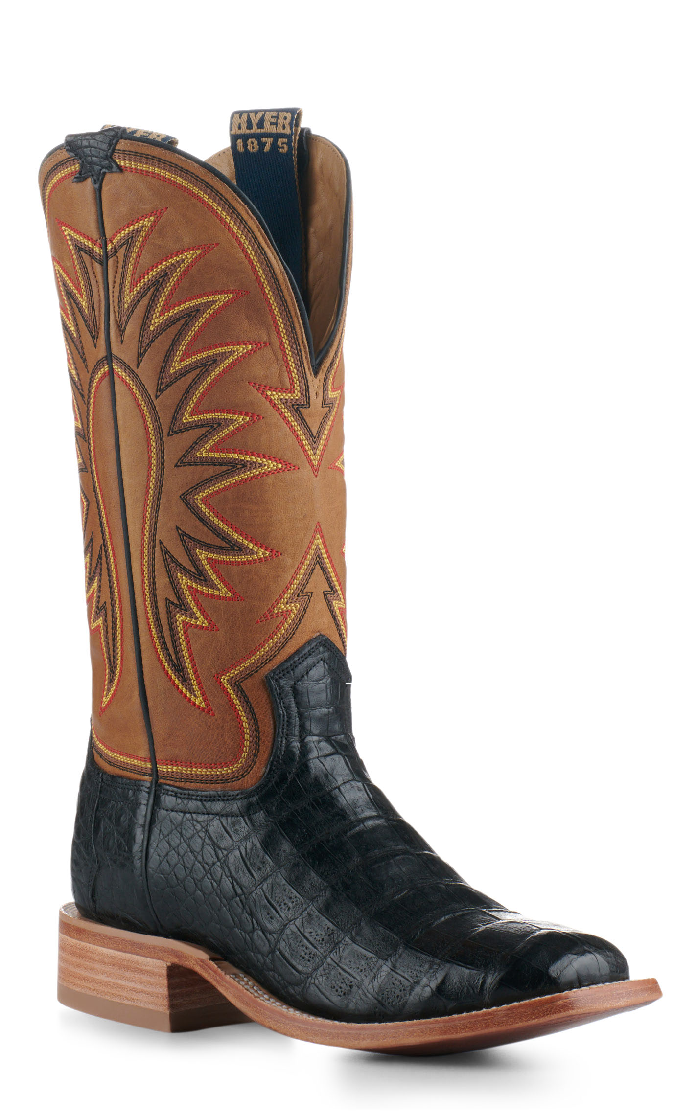 Hyer Men's Big Bow Honey Vintage and Black Matte Caiman Square Toe Exotic Cowboy Boots - Image 1